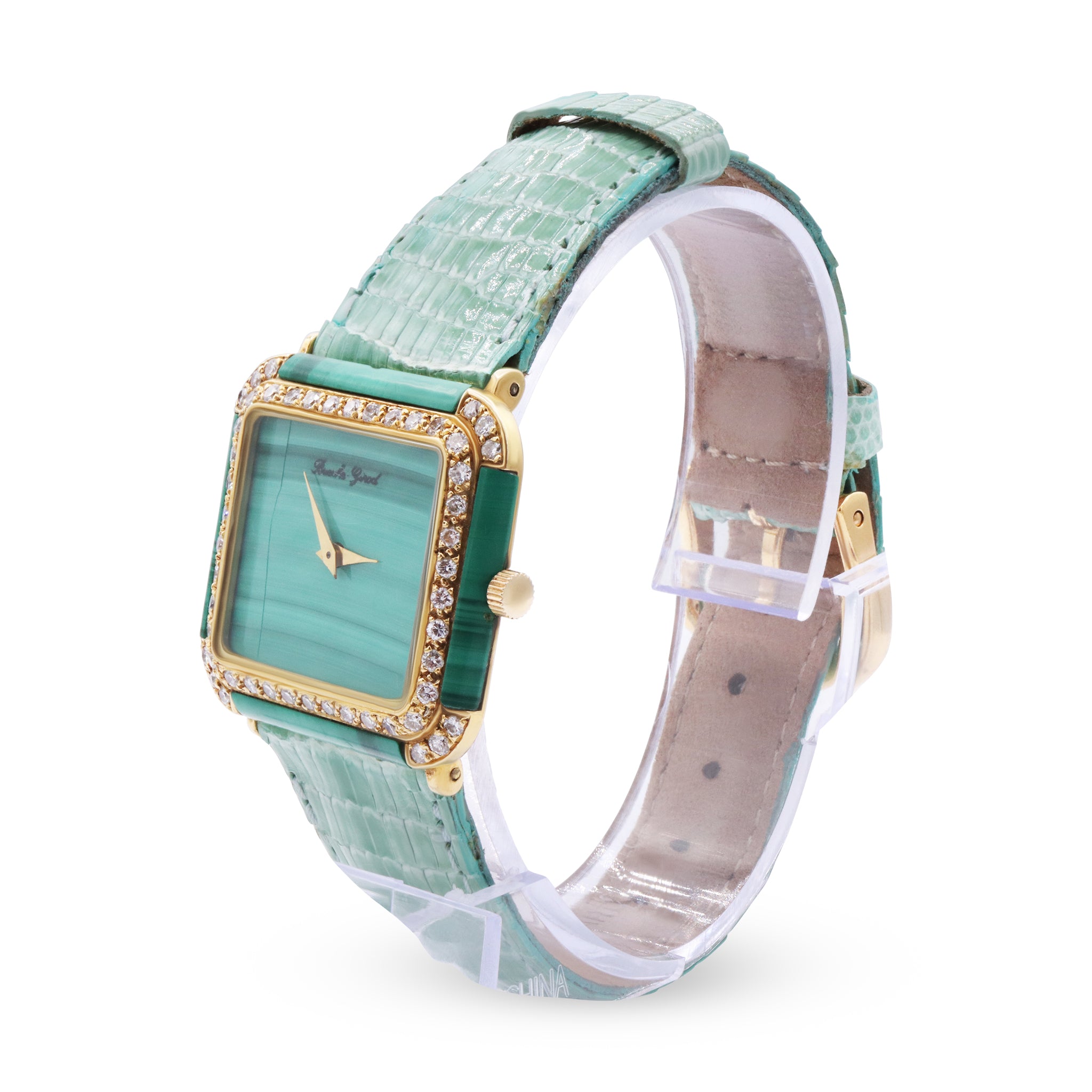 BUECHE GIROD VINTAGE LADIES 18K YELLOW GOLD MALACHITE GREEN DIAL