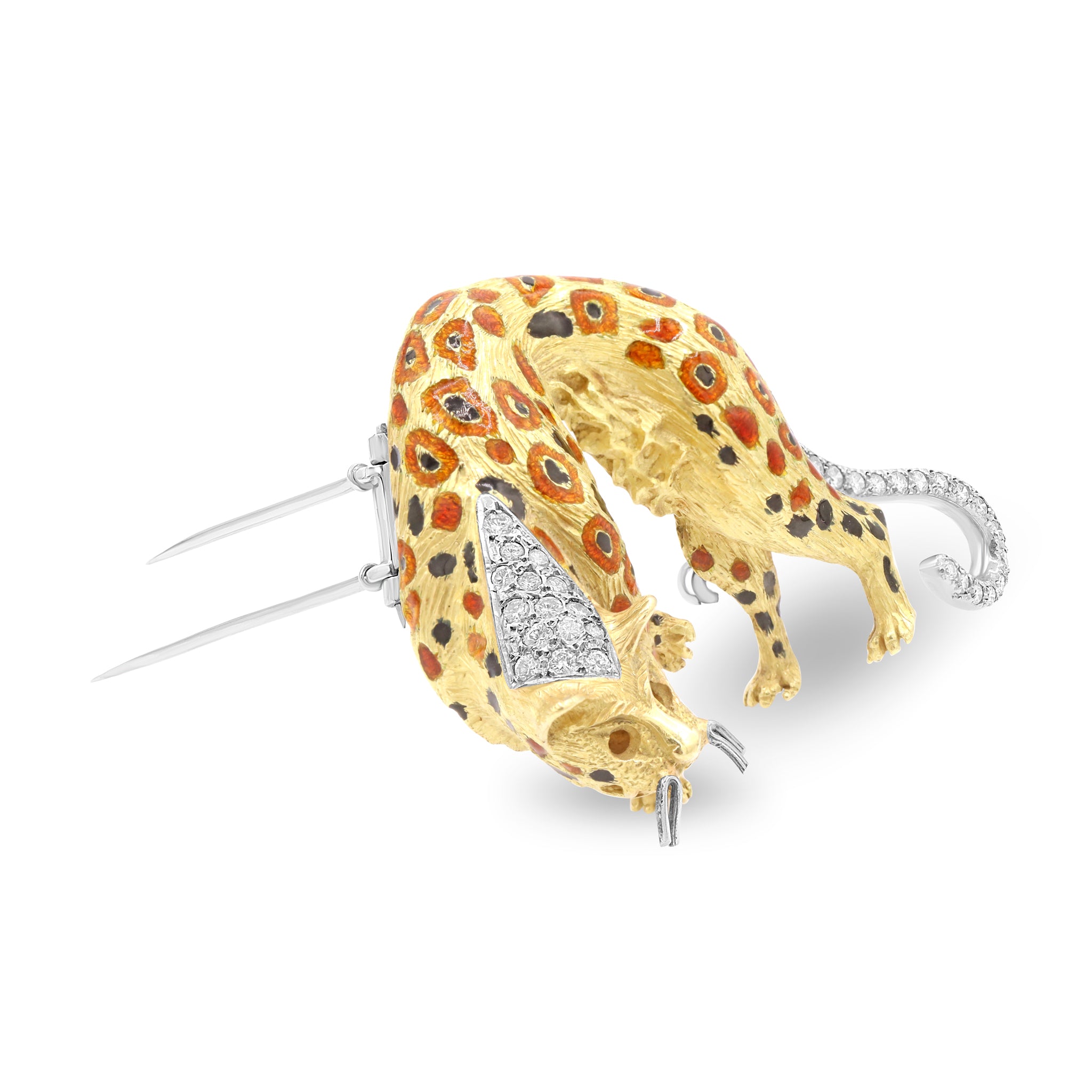 Leopard Brooch in Textured Gold with Enamel Spots and Diamond Accents