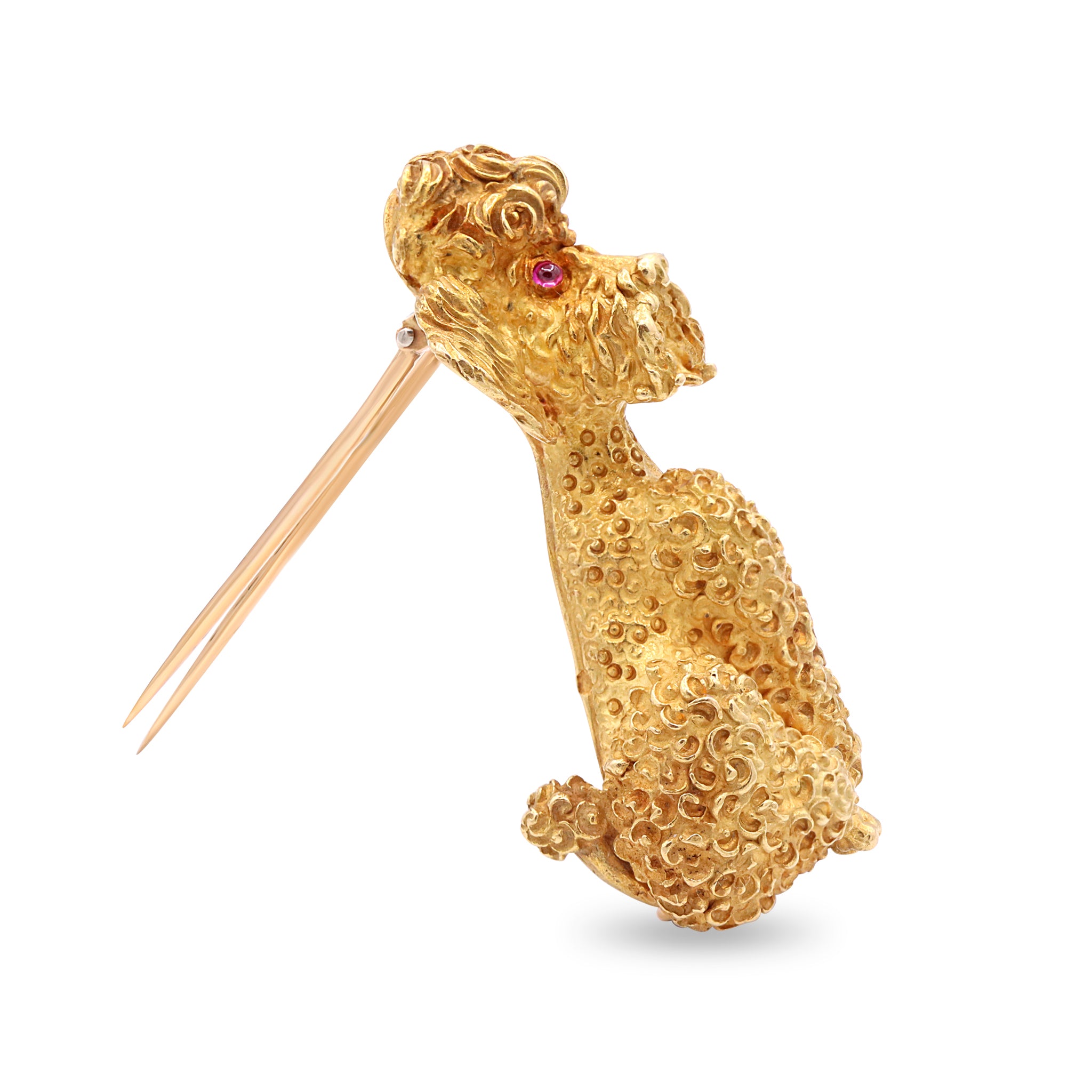 Textured Gold Poodle Brooch with Ruby Eyes