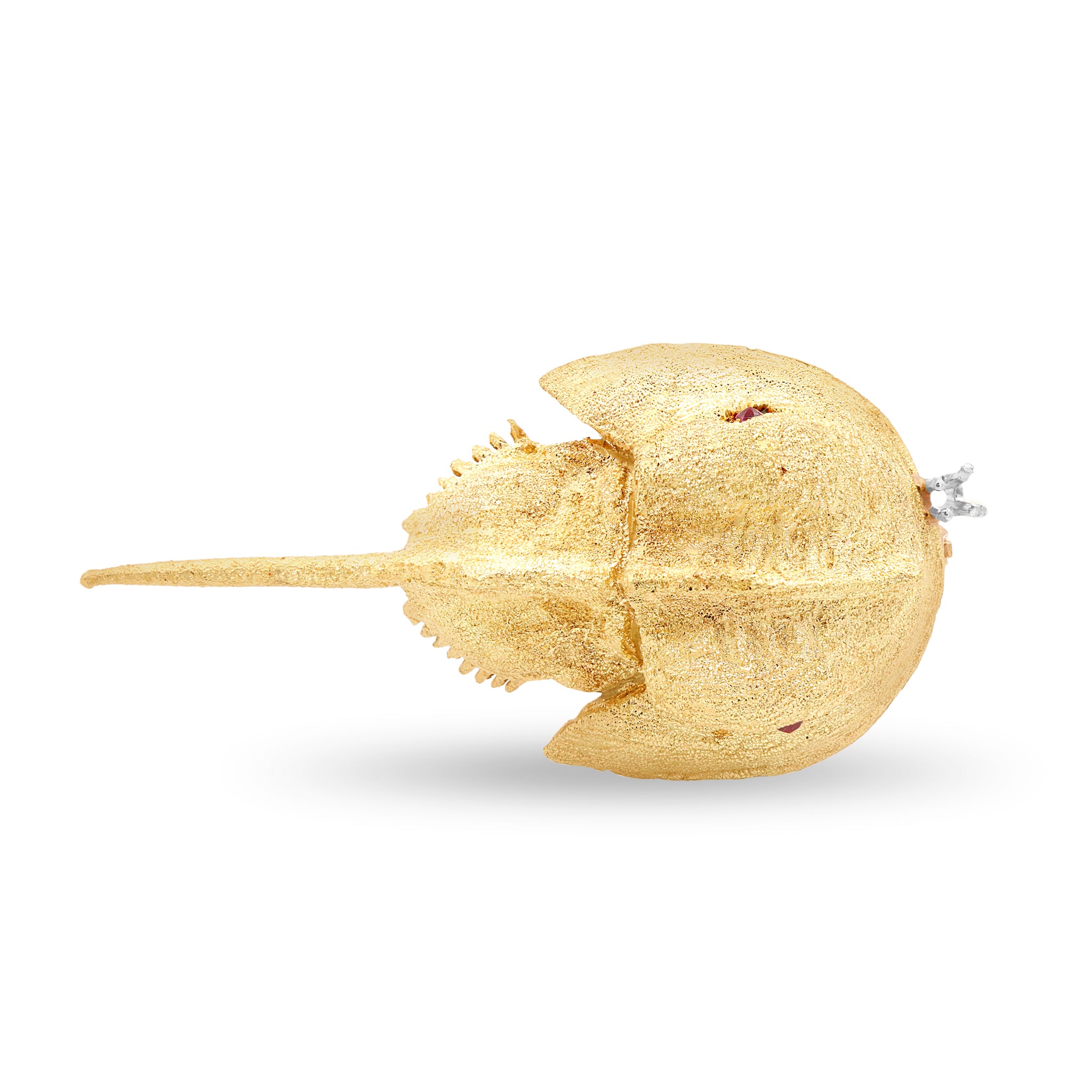 Textured Gold Horseshoe Crab Brooch with Ruby Eye and Diamond Accent