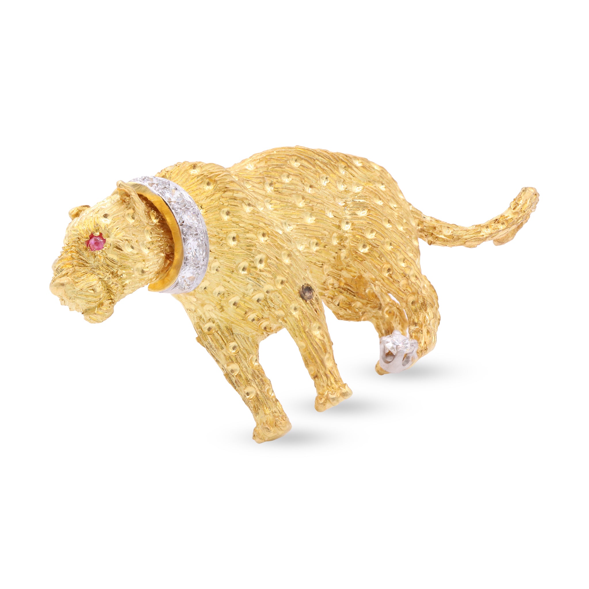 Textured Gold Panther Brooch with Diamond Collar and Ruby Eye