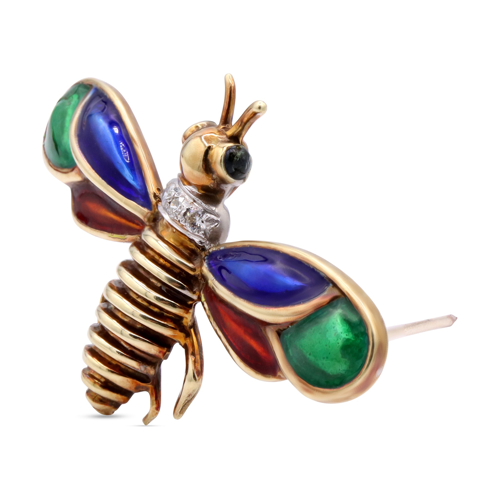 Multicolor Enamel Bee Brooch in 18K Gold with Diamond Collar