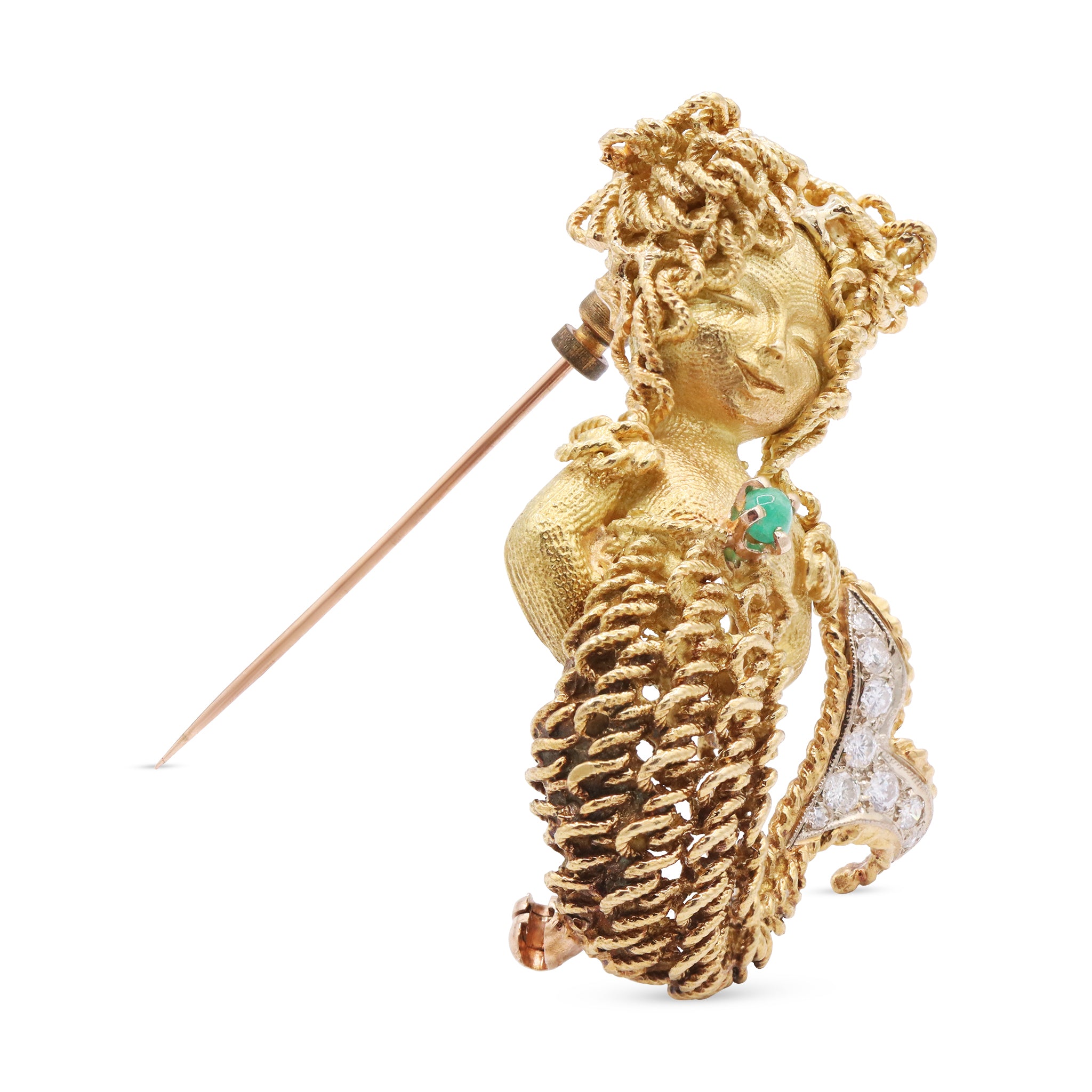 Textured Gold Mermaid Pin Featuring Diamond Fins and Emerald Stone