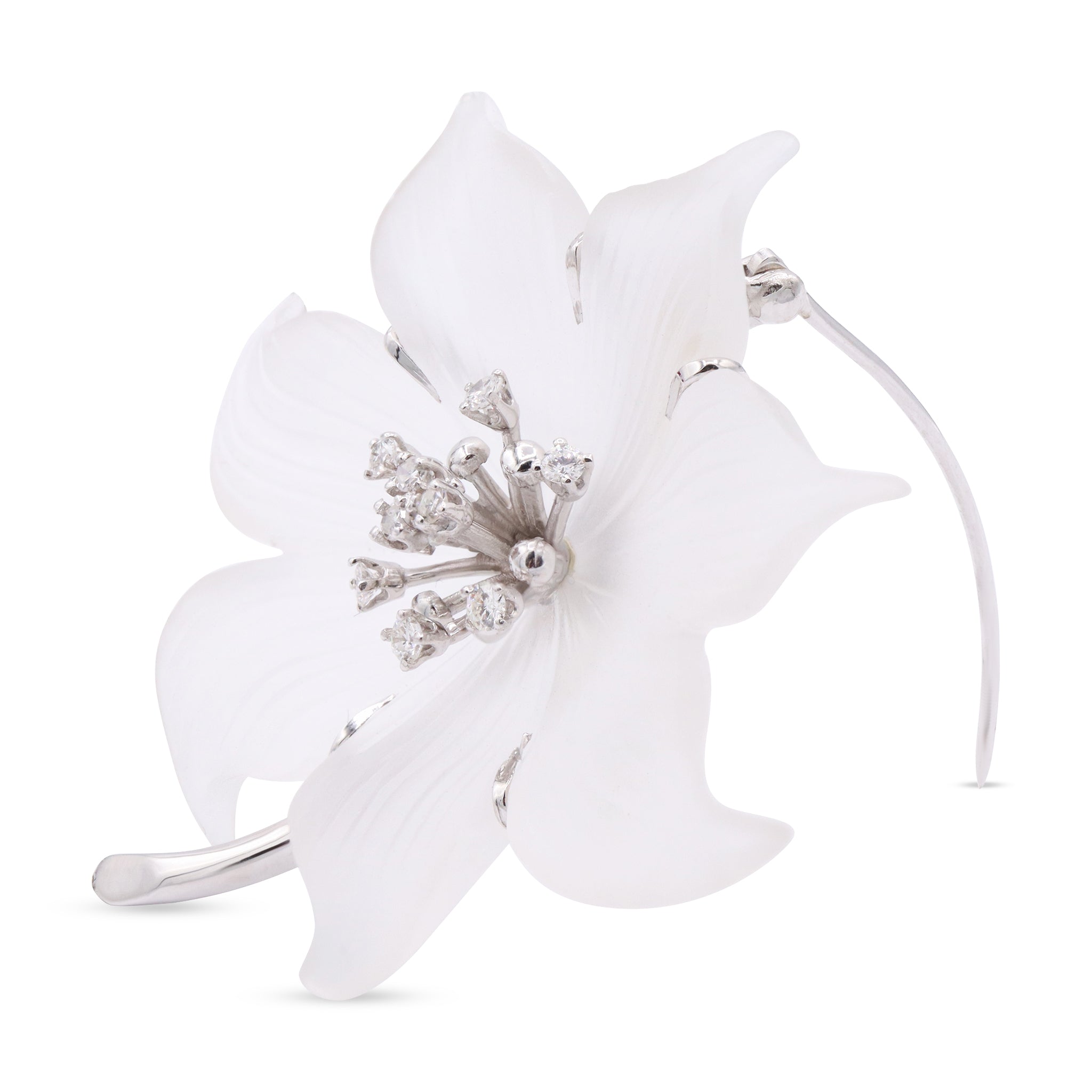 Sculpted White Flower Brooch with Diamond Clusters