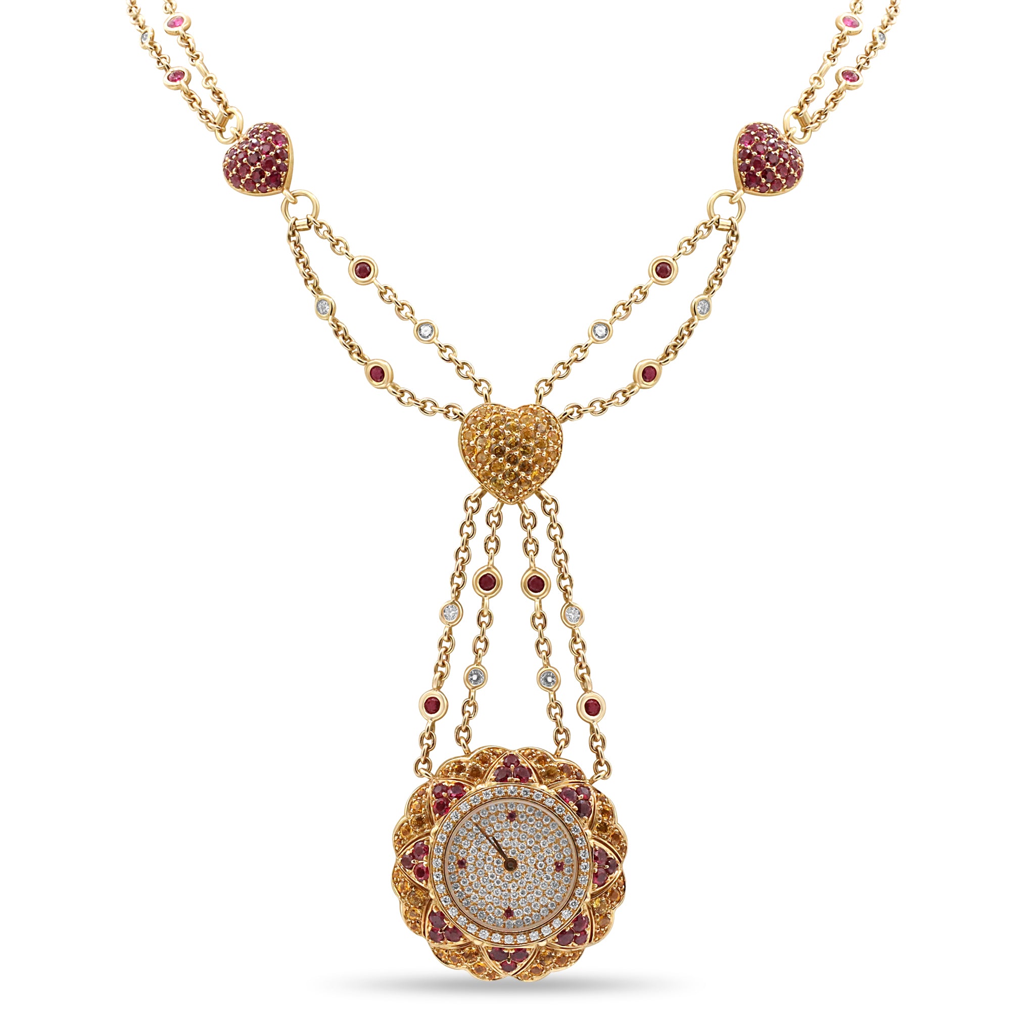 Heart Motif Ruby and Diamond Watch Necklace
