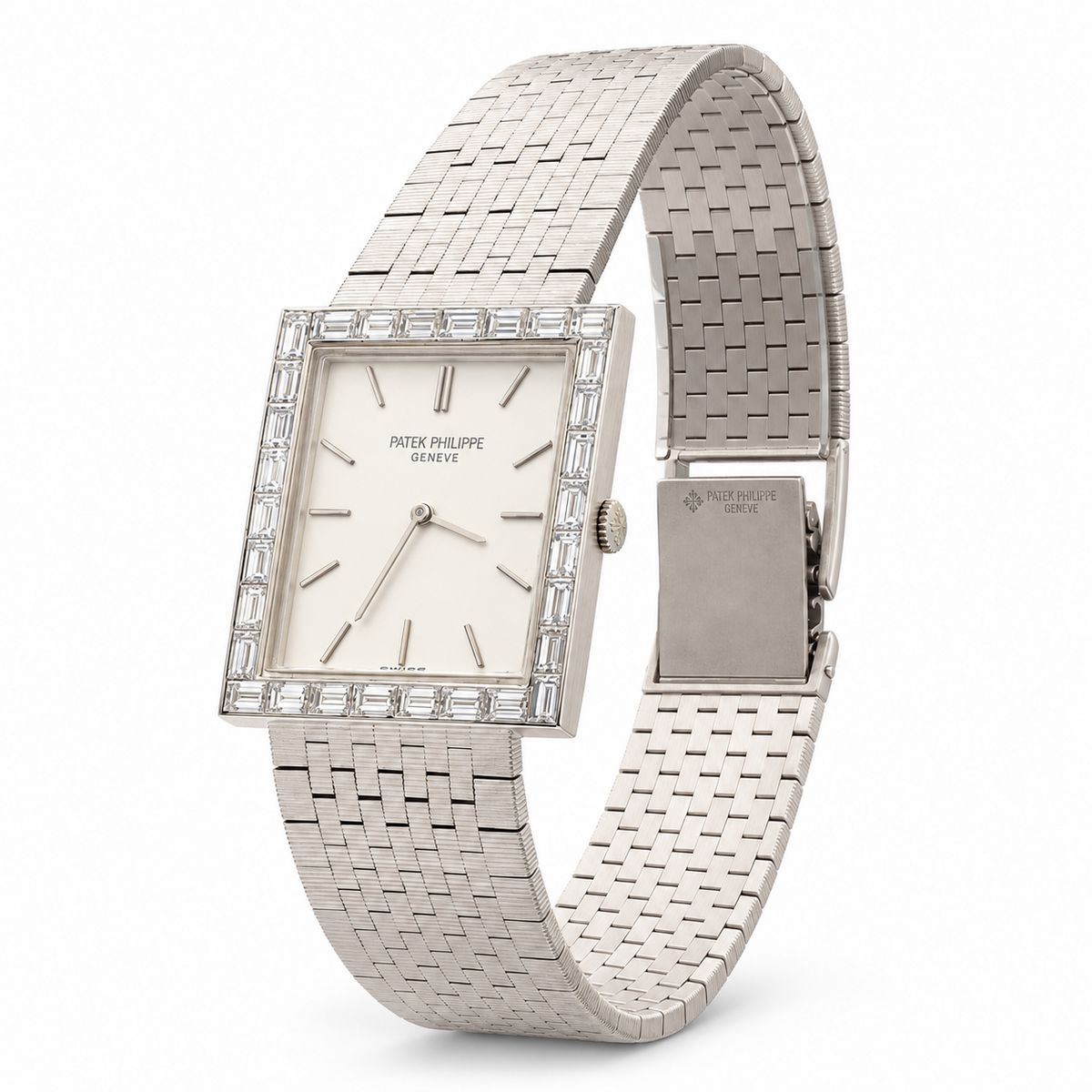 Patek Philippe square diamond-set watch angled view
