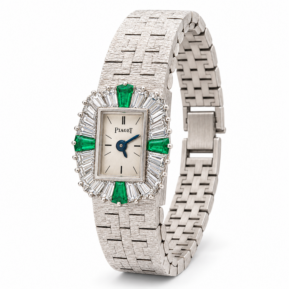 Piaget Ref. 1311 A6 emerald and diamond bracelet watch angled view