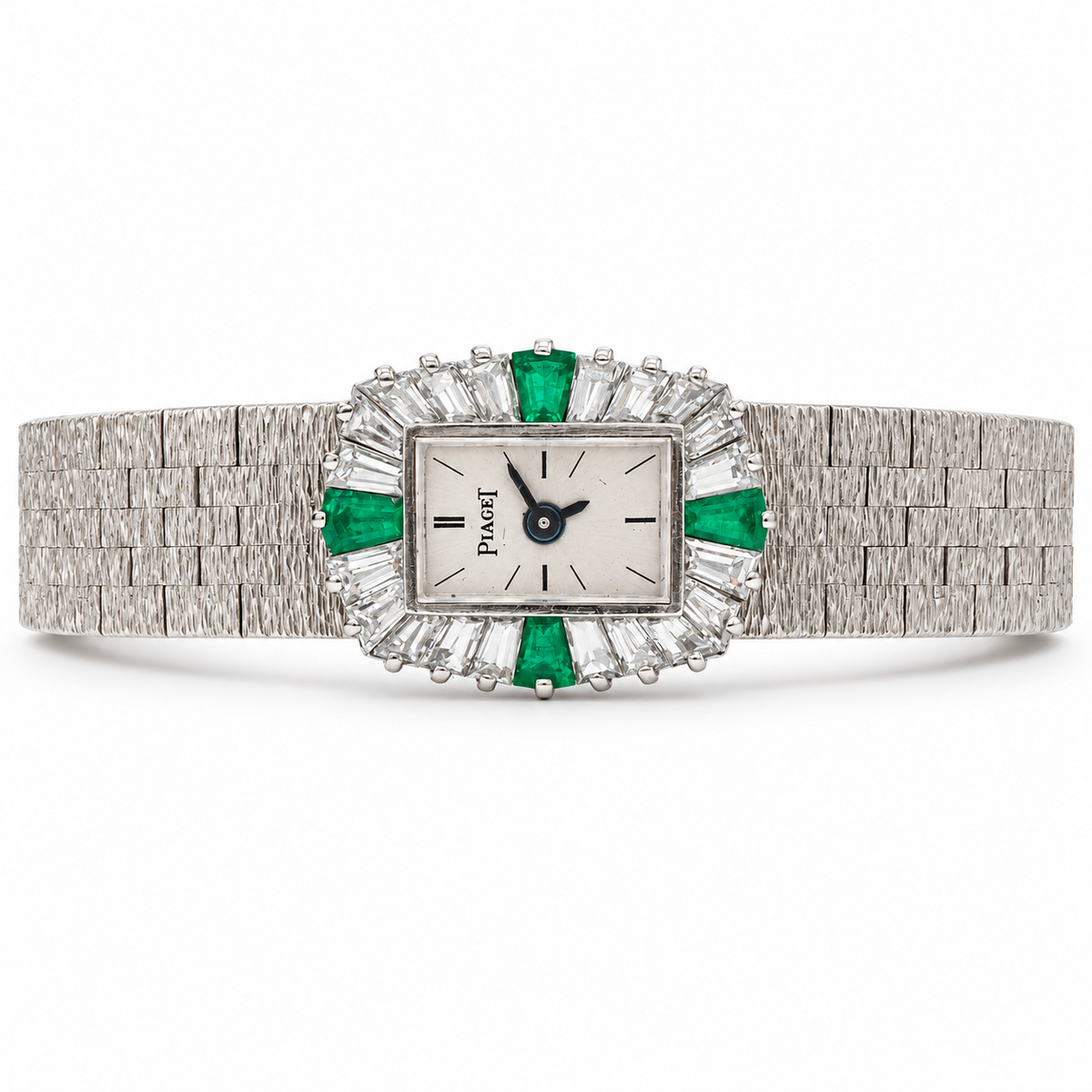 Piaget Ref. 1311 A6 emerald and diamond bracelet watch horizontal view