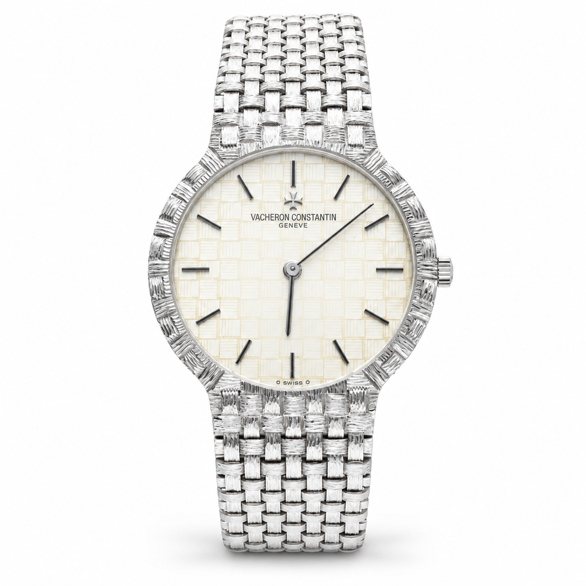 Vacheron Constantin 18K White Gold Basket-Weave Integrated Bracelet Watch front view