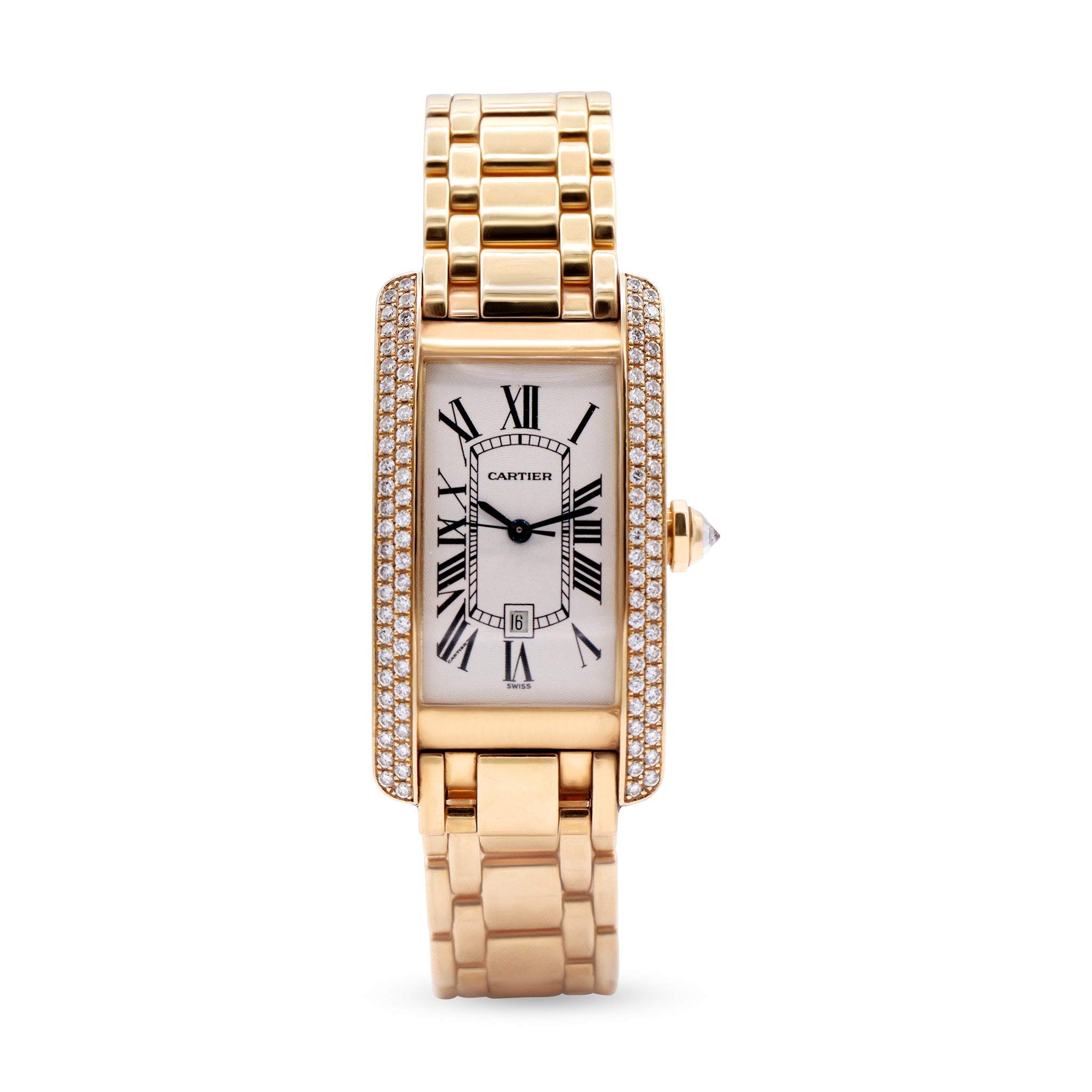 DUPLICATE- CARTIER TANK AMERICAINE 18K YELLOW GOLD LADIES DIAMOND BEZEL, WHITE DIAL
