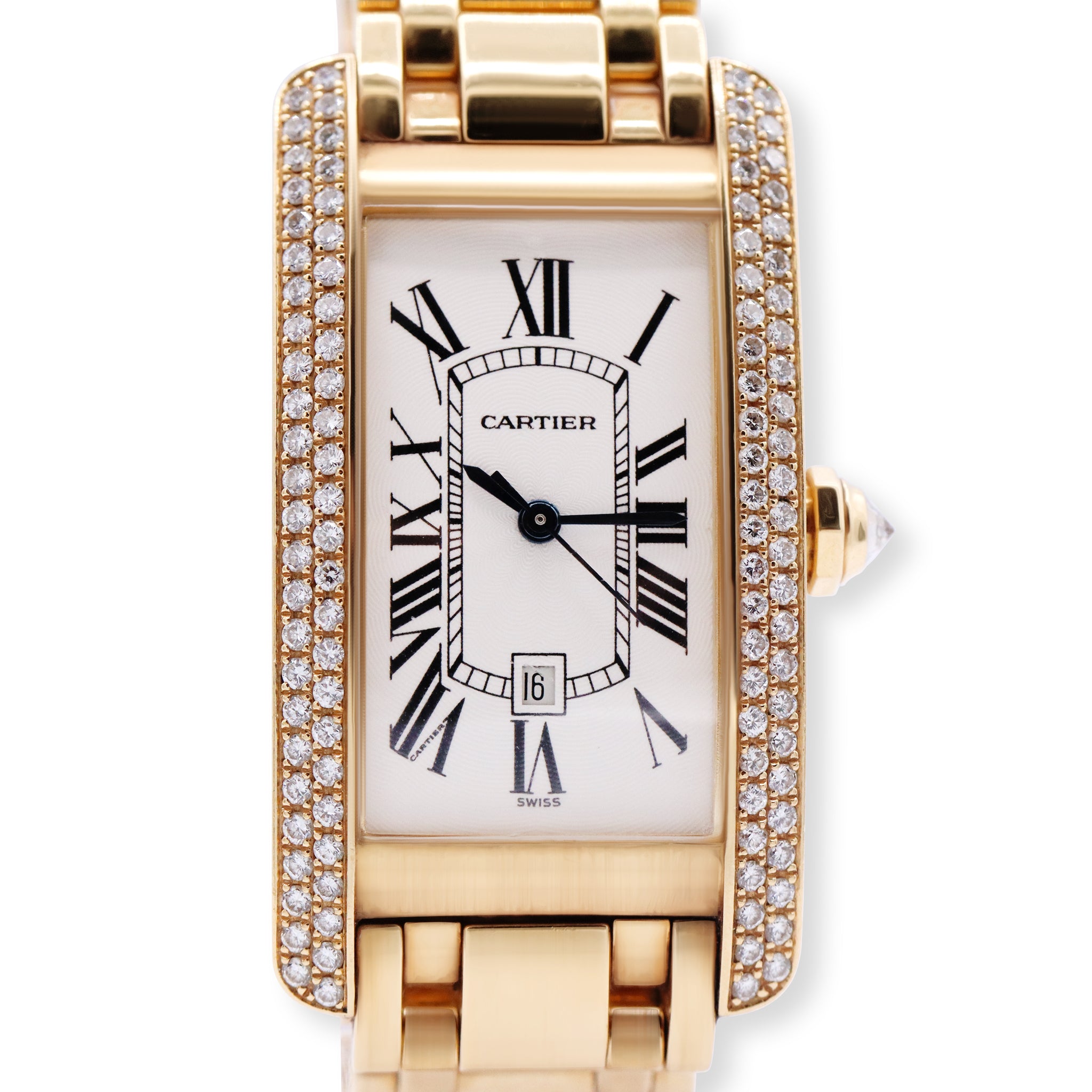 DUPLICATE- CARTIER TANK AMERICAINE 18K YELLOW GOLD LADIES DIAMOND BEZEL, WHITE DIAL