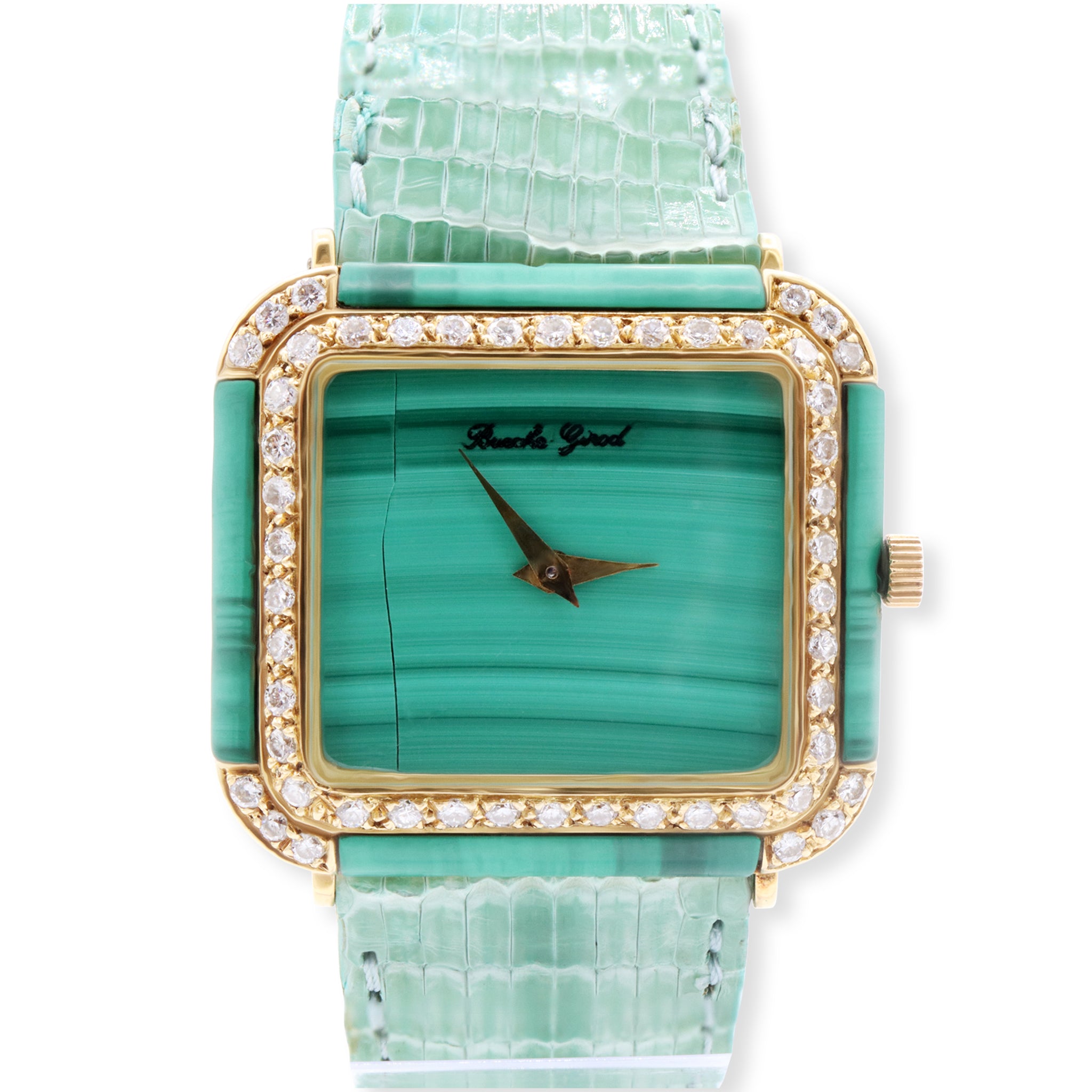 BUECHE GIROD VINTAGE LADIES 18K YELLOW GOLD MALACHITE GREEN DIAL