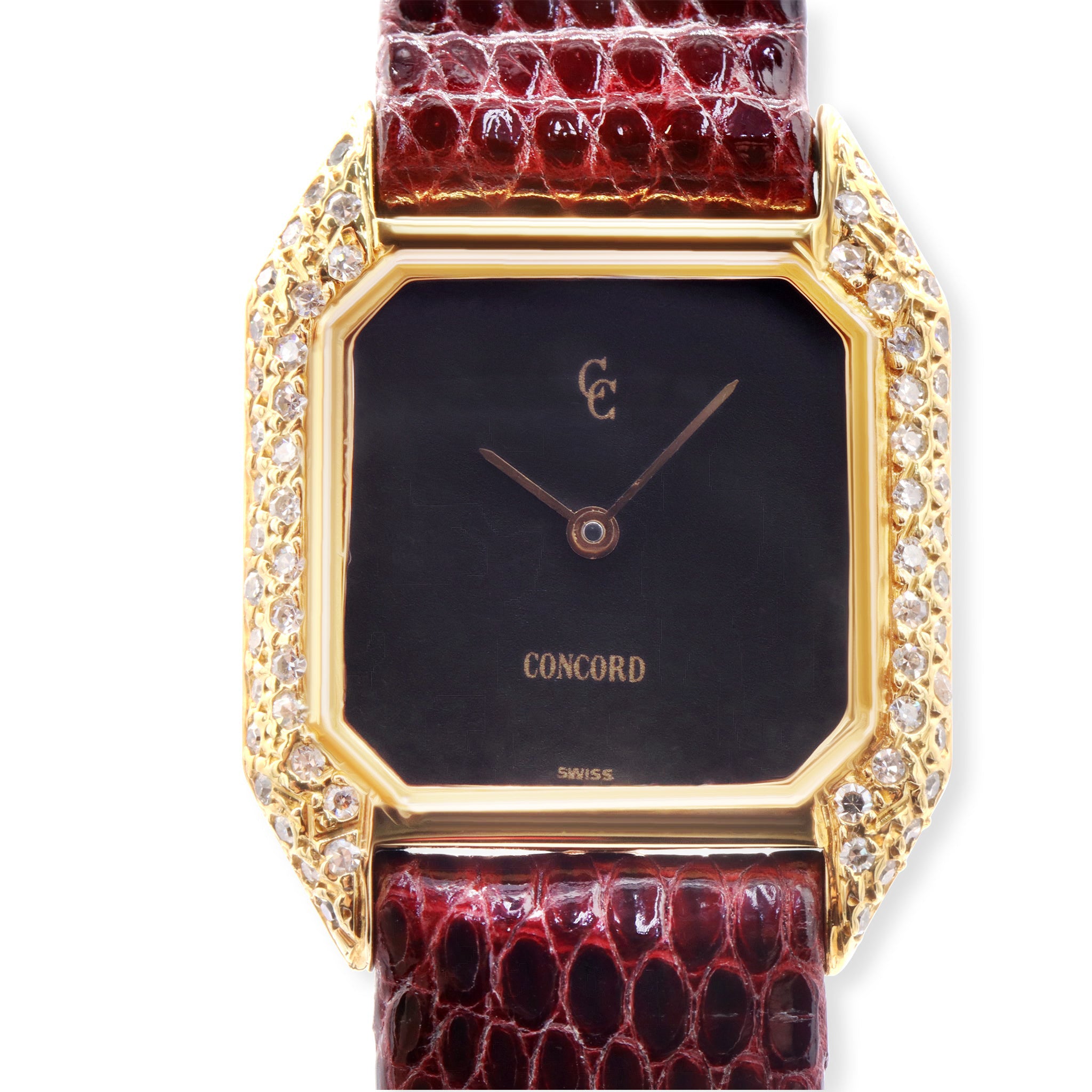 VINTAGE LADIES 18K YELLOW GOLD FACTORY DIAMONDS, BLACK DIAL
