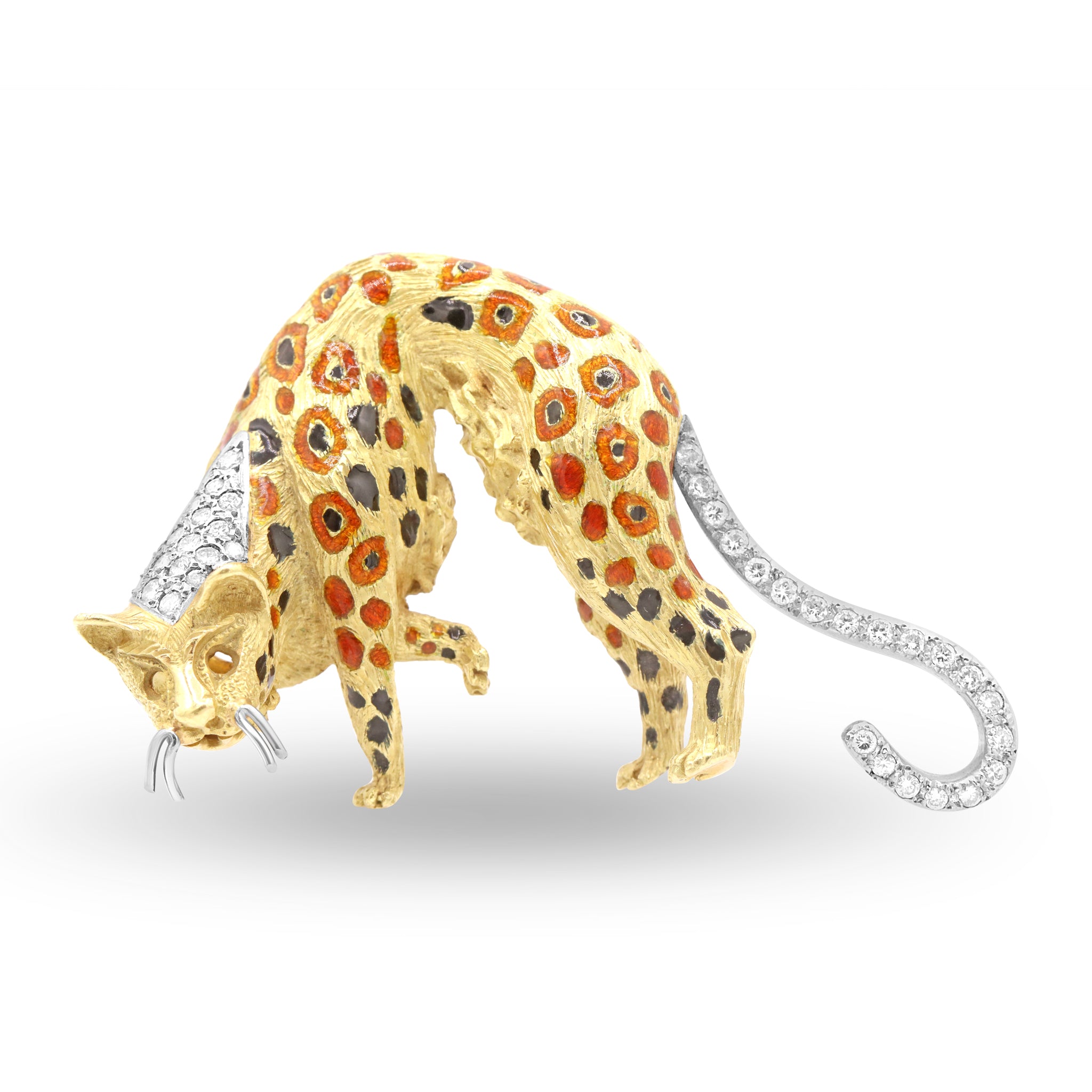 Leopard Brooch in Textured Gold with Enamel Spots and Diamond Accents