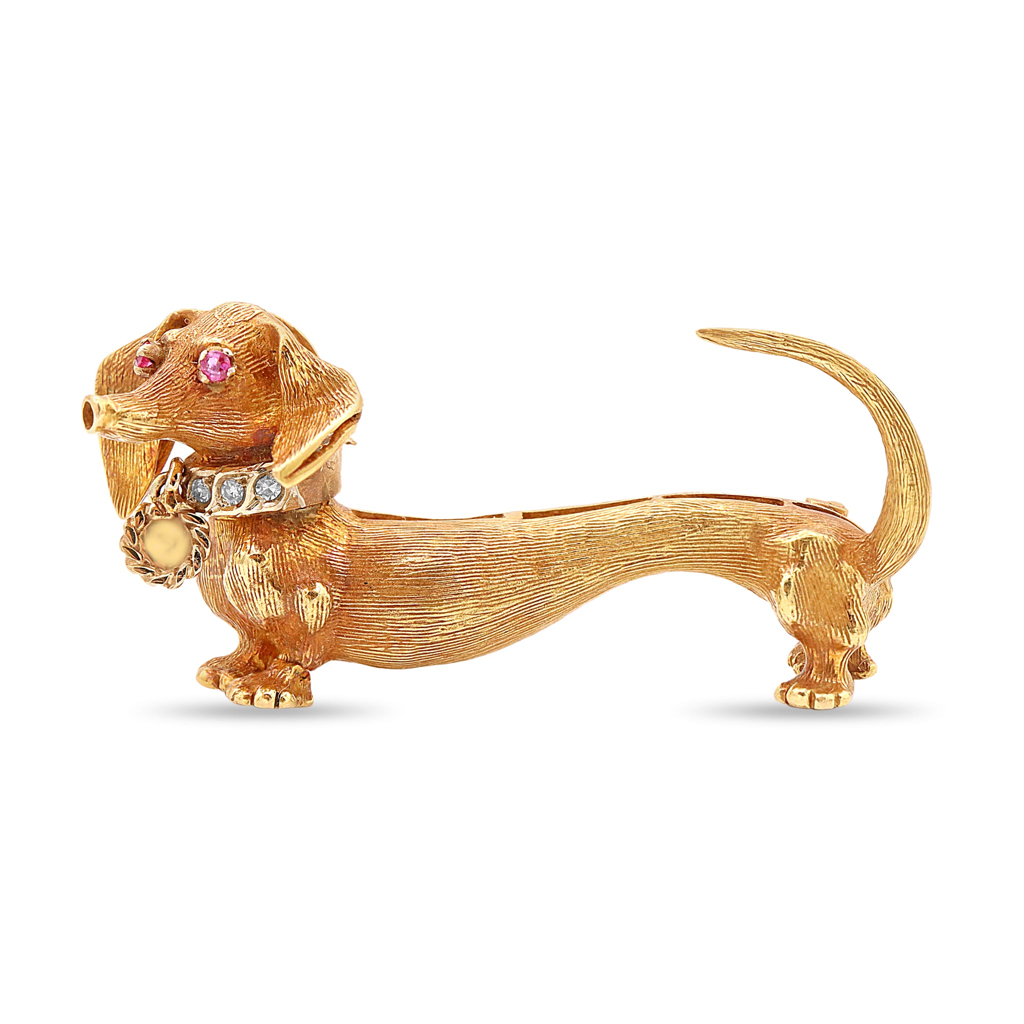 Gold Dachshund Brooch with Ruby Eyes and Diamond Collar