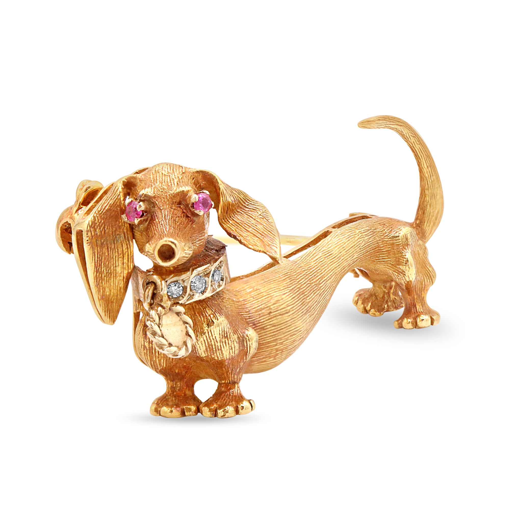 Gold Dachshund Brooch with Ruby Eyes and Diamond Collar