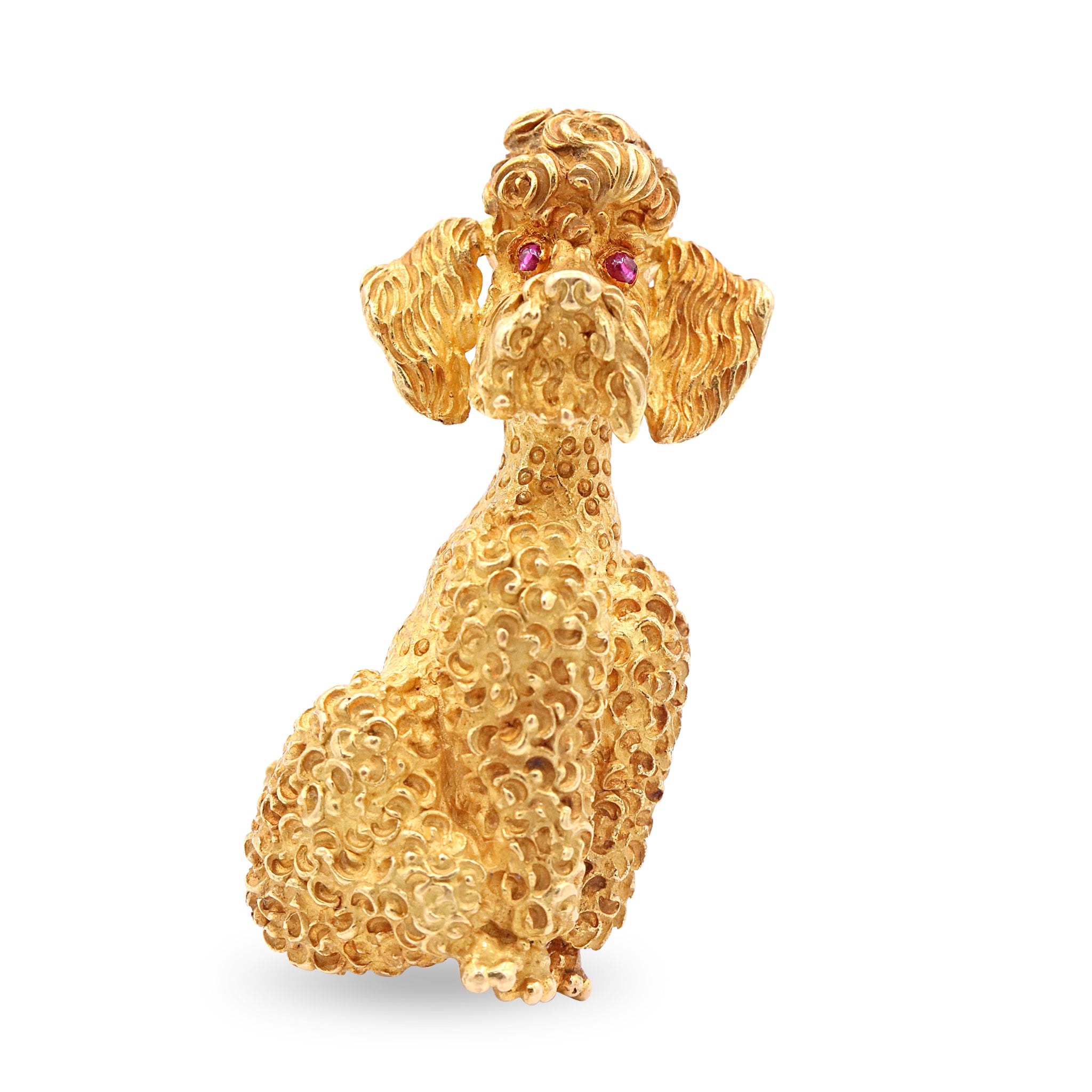 Textured Gold Poodle Brooch with Ruby Eyes