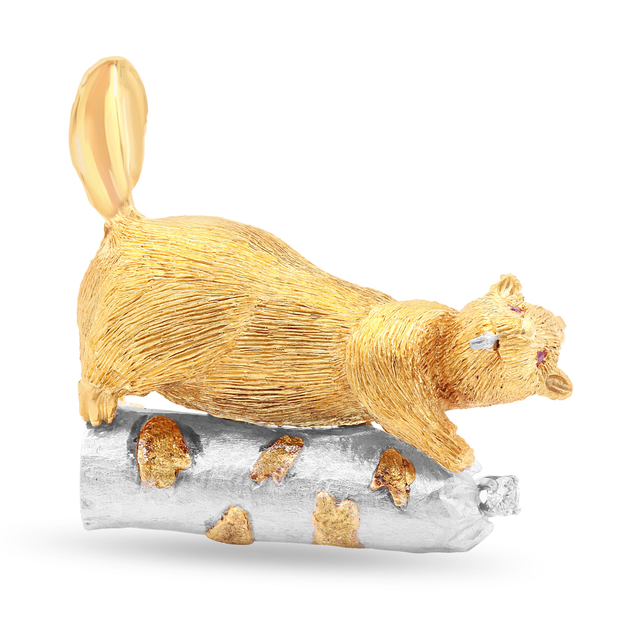 Beaver Brooch in Textured Gold on White Birch with Diamond Accent