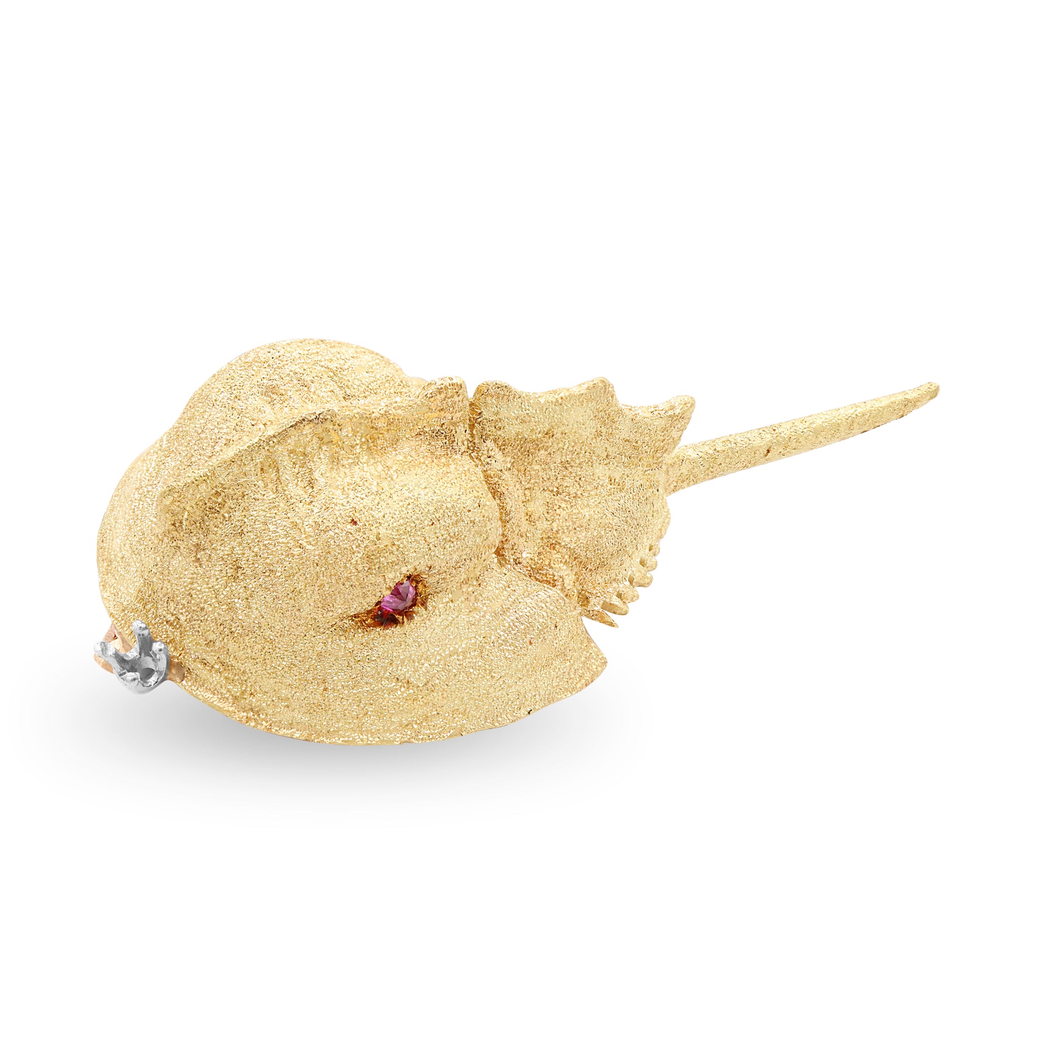 Textured Gold Horseshoe Crab Brooch with Ruby Eye and Diamond Accent