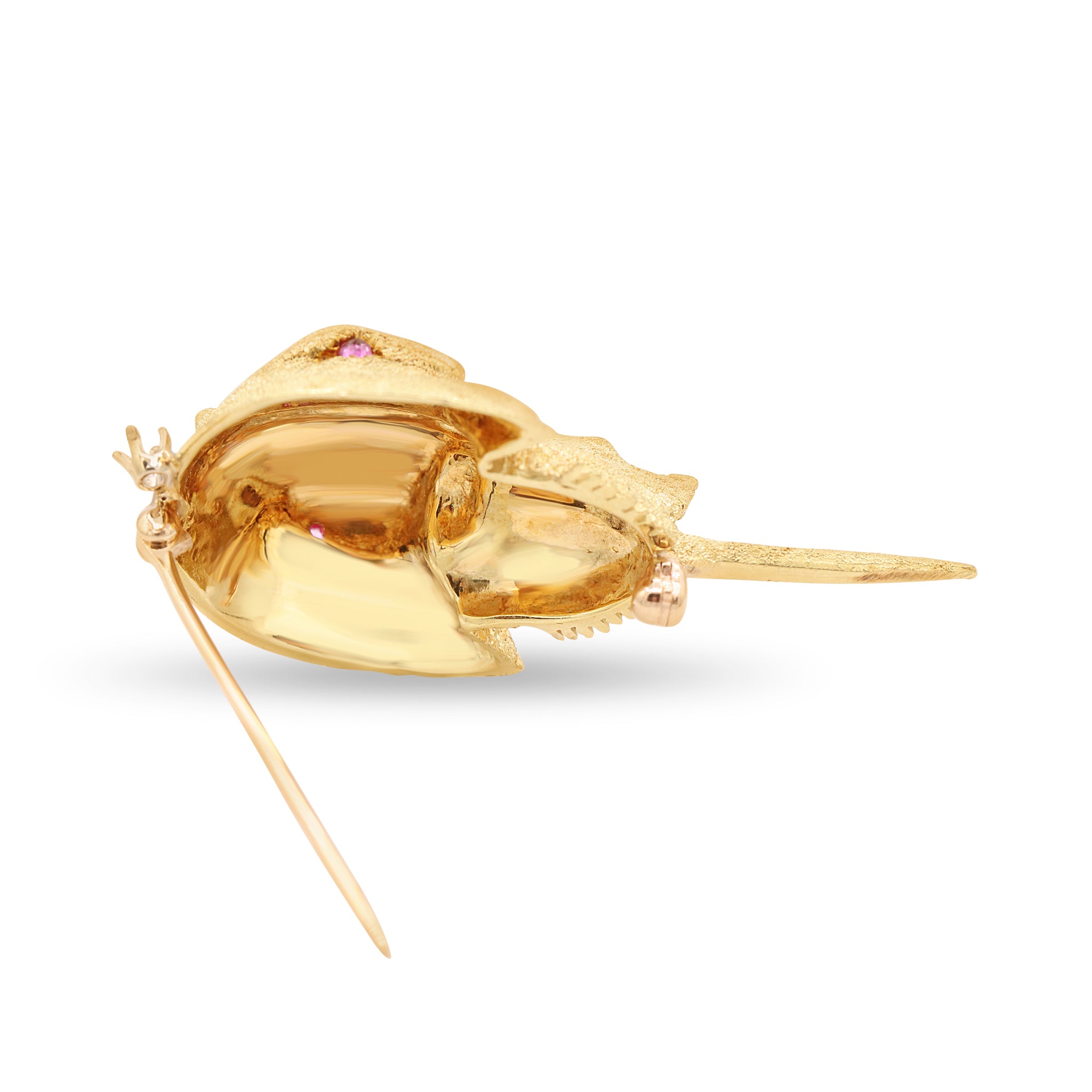 Textured Gold Horseshoe Crab Brooch with Ruby Eye and Diamond Accent