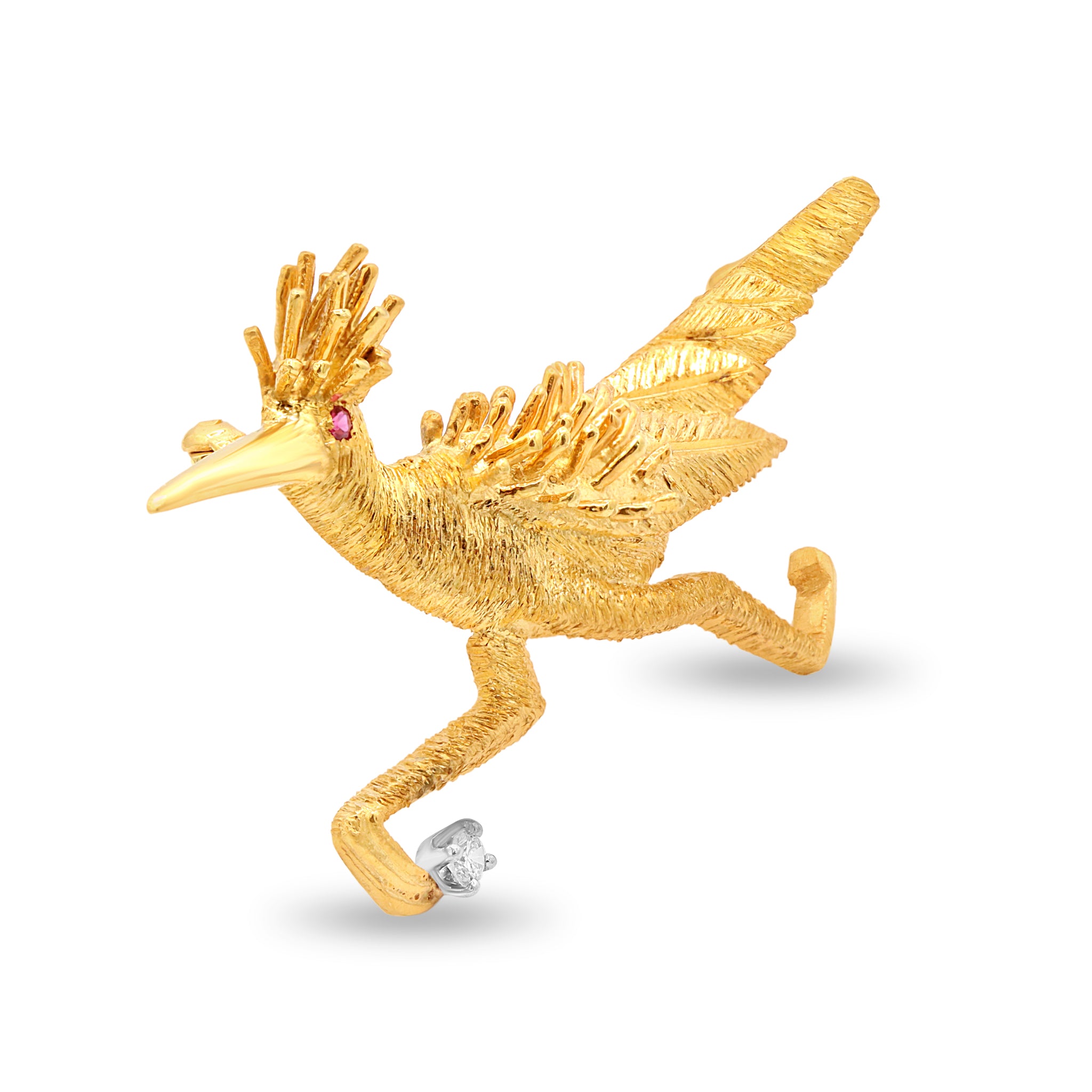 Gold Roadrunner Brooch with Ruby Eye and Diamond Accent
