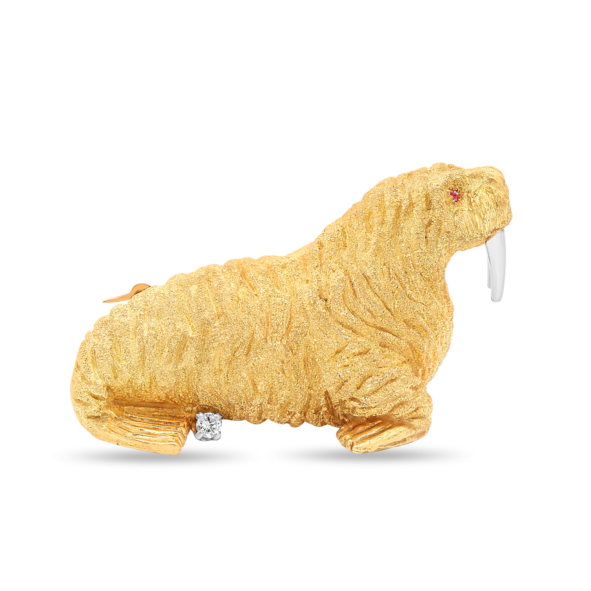 Gold Walrus Brooch with Diamond Accent and White Tusk Detail