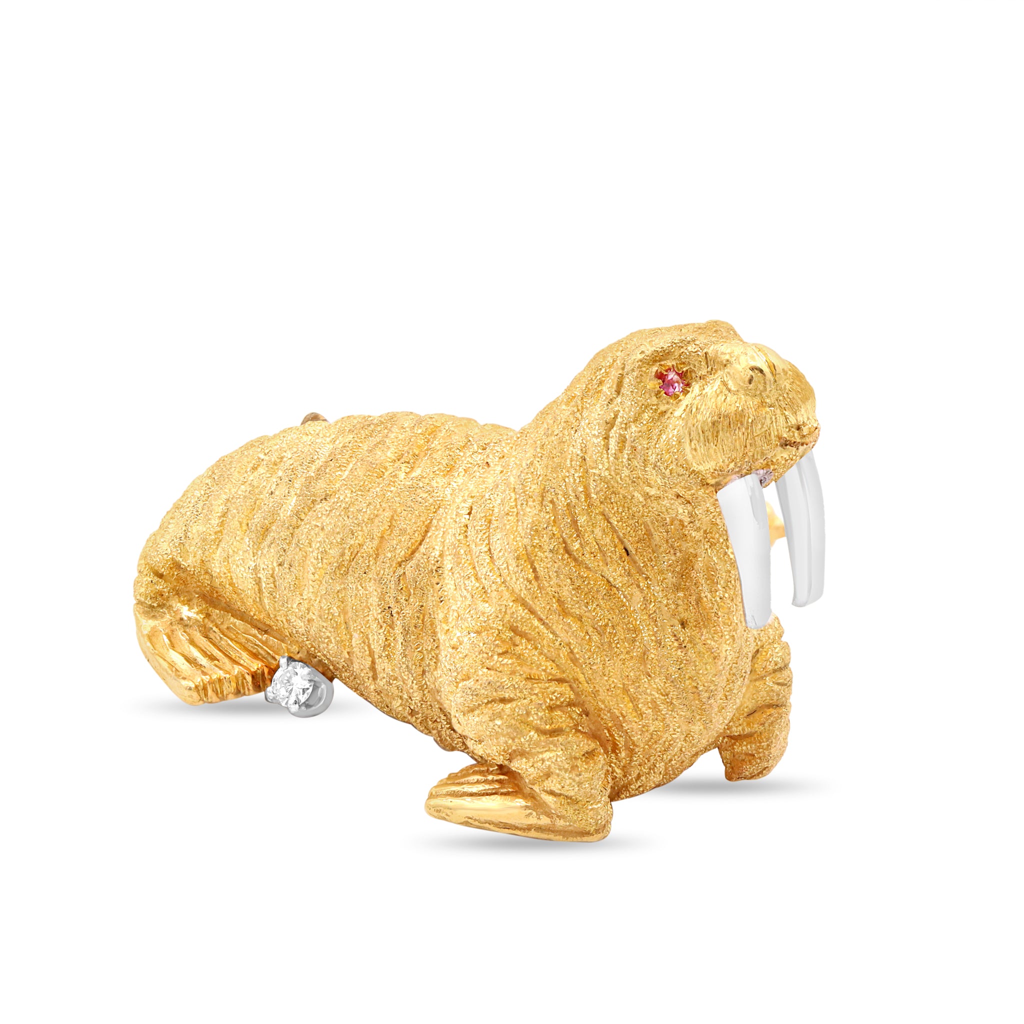 Gold Walrus Brooch with Diamond Accent and White Tusk Detail