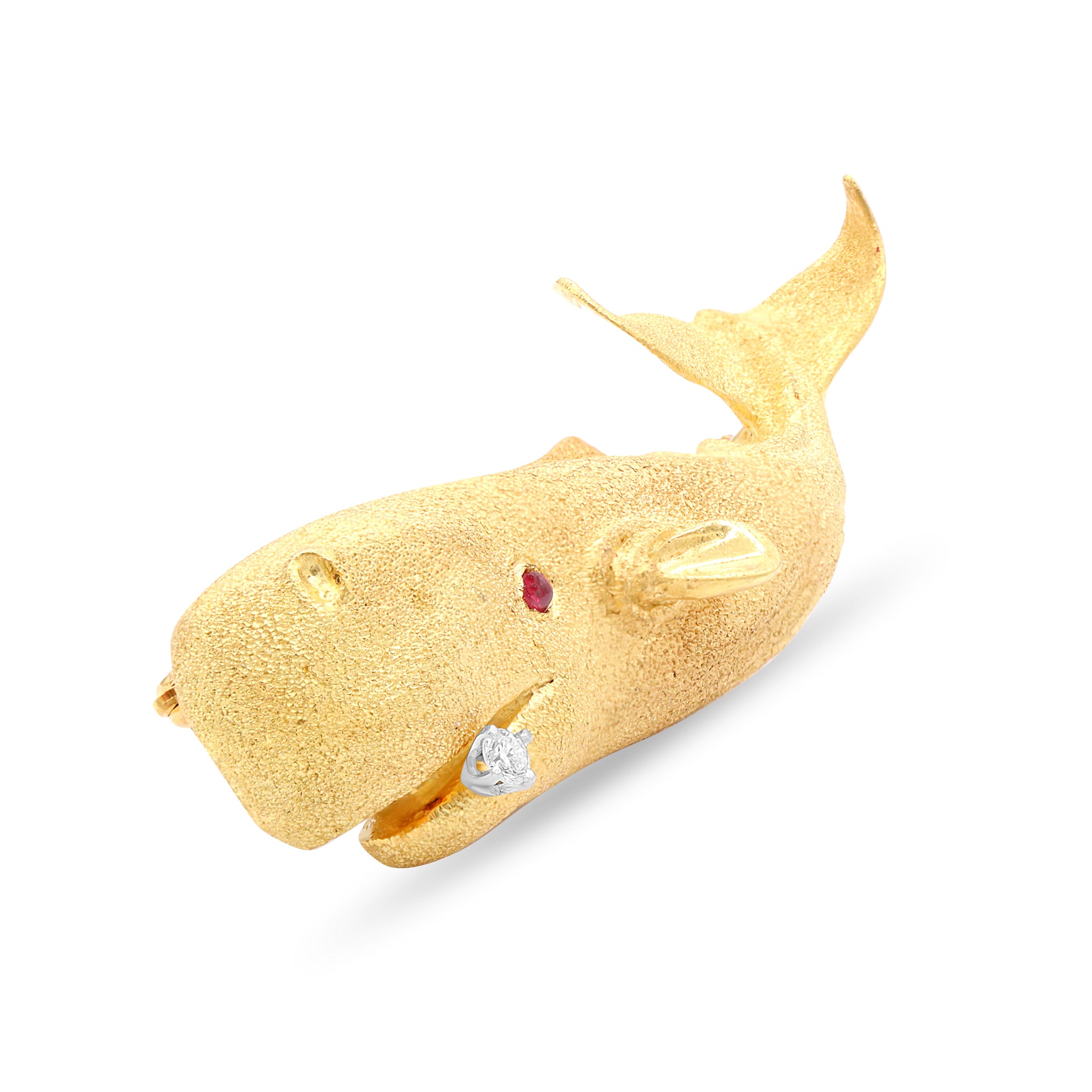 Gold Whale Brooch with Ruby Eye and Diamond Tooth