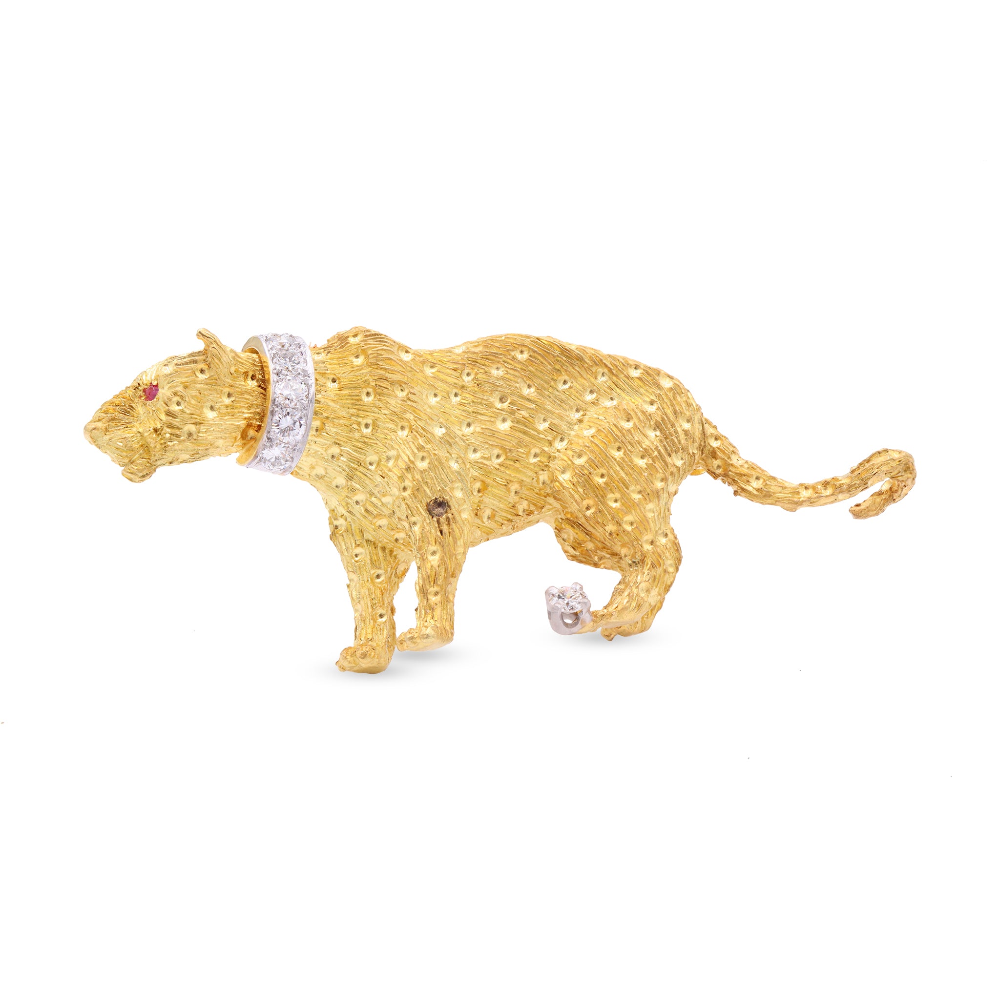 Textured Gold Panther Brooch with Diamond Collar and Ruby Eye