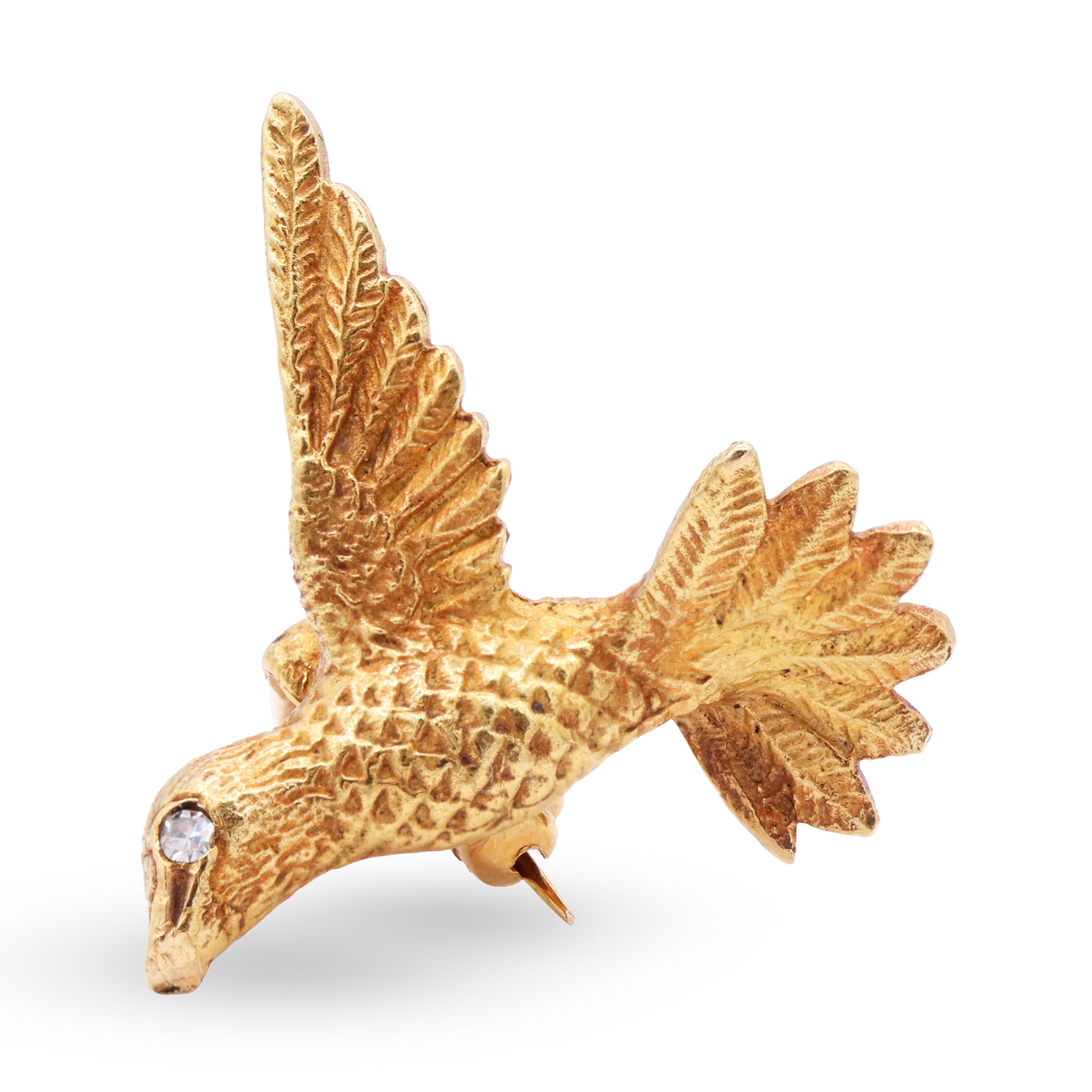 Textured Gold Bird Brooch with Diamond Eye