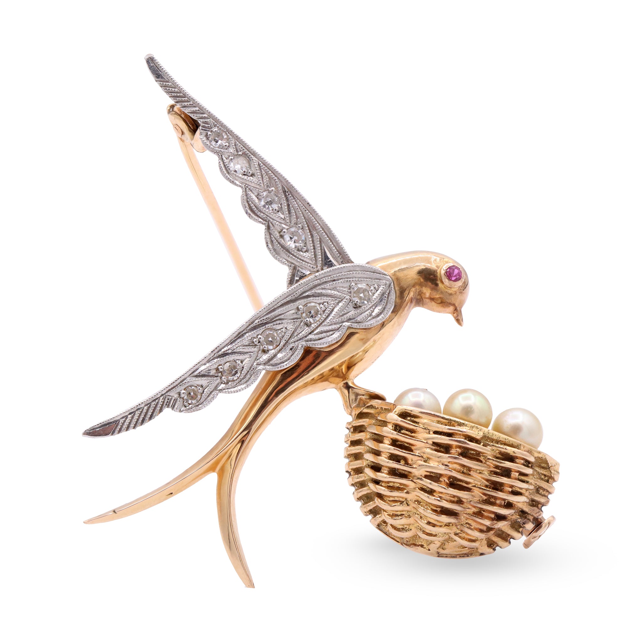 Gold Swallow Brooch with Pearl Nest and Diamond Wings