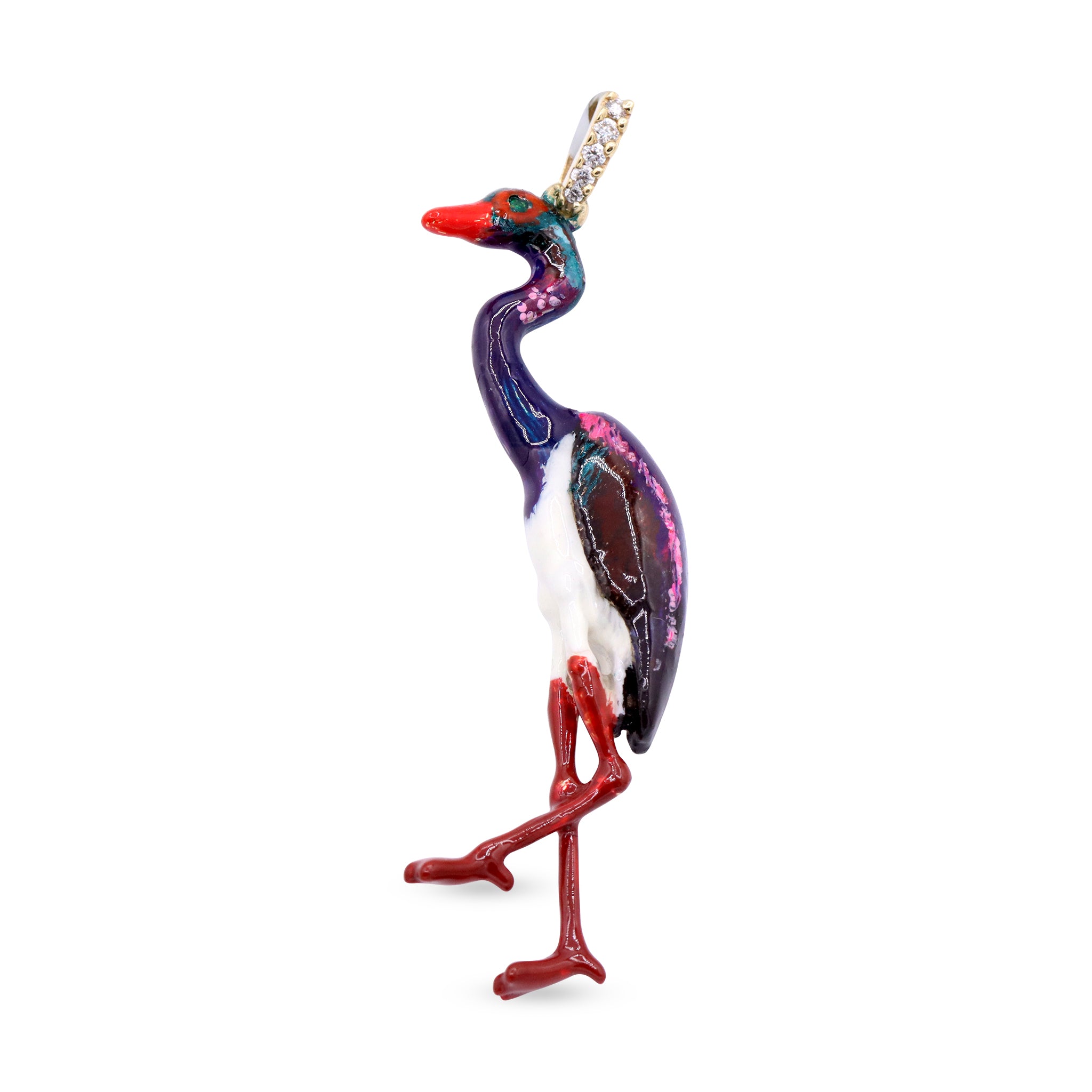 Enamel Crane Pendant with Diamond-Set Bail