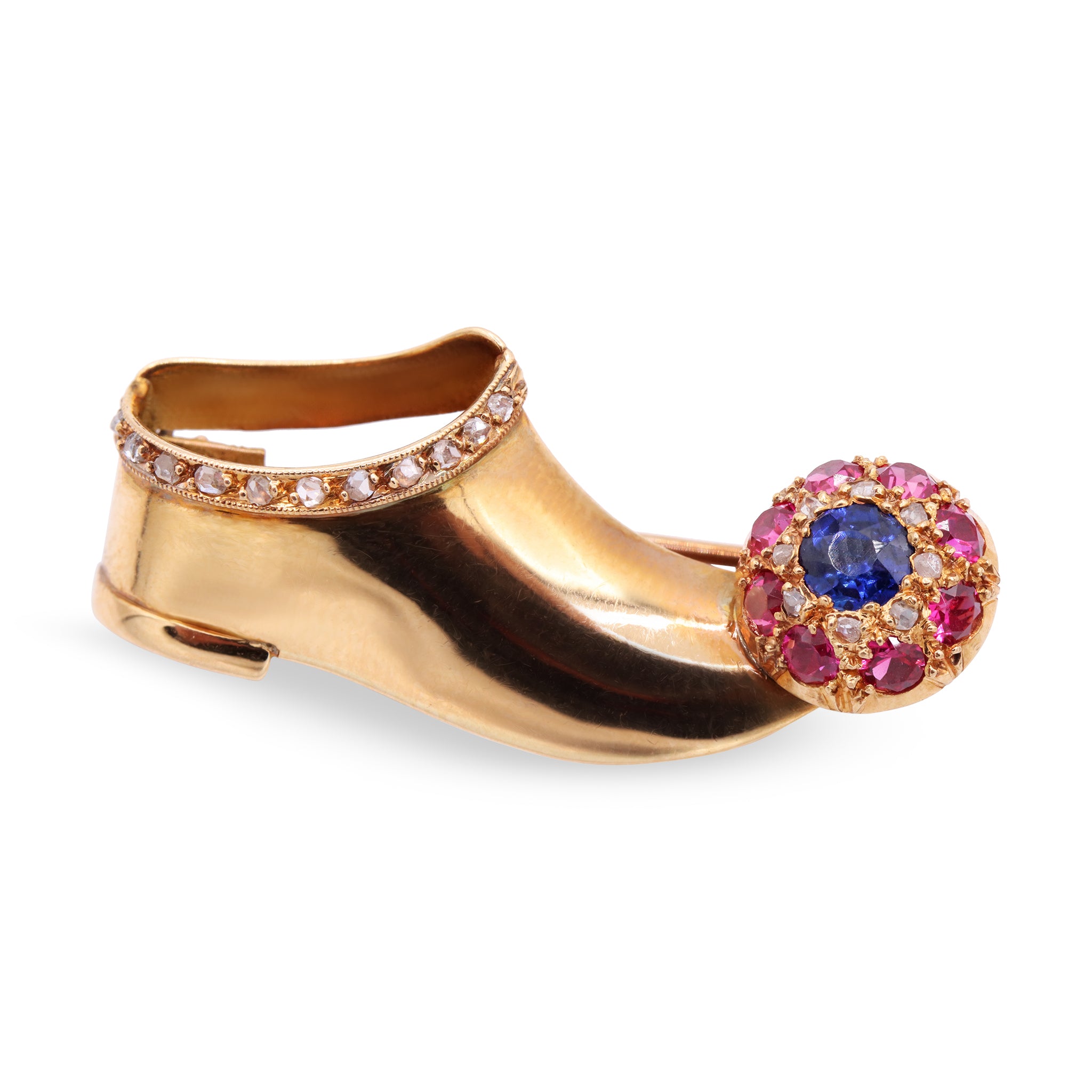 Gold Shoe Brooch with Sapphire, Rubies, and Diamonds
