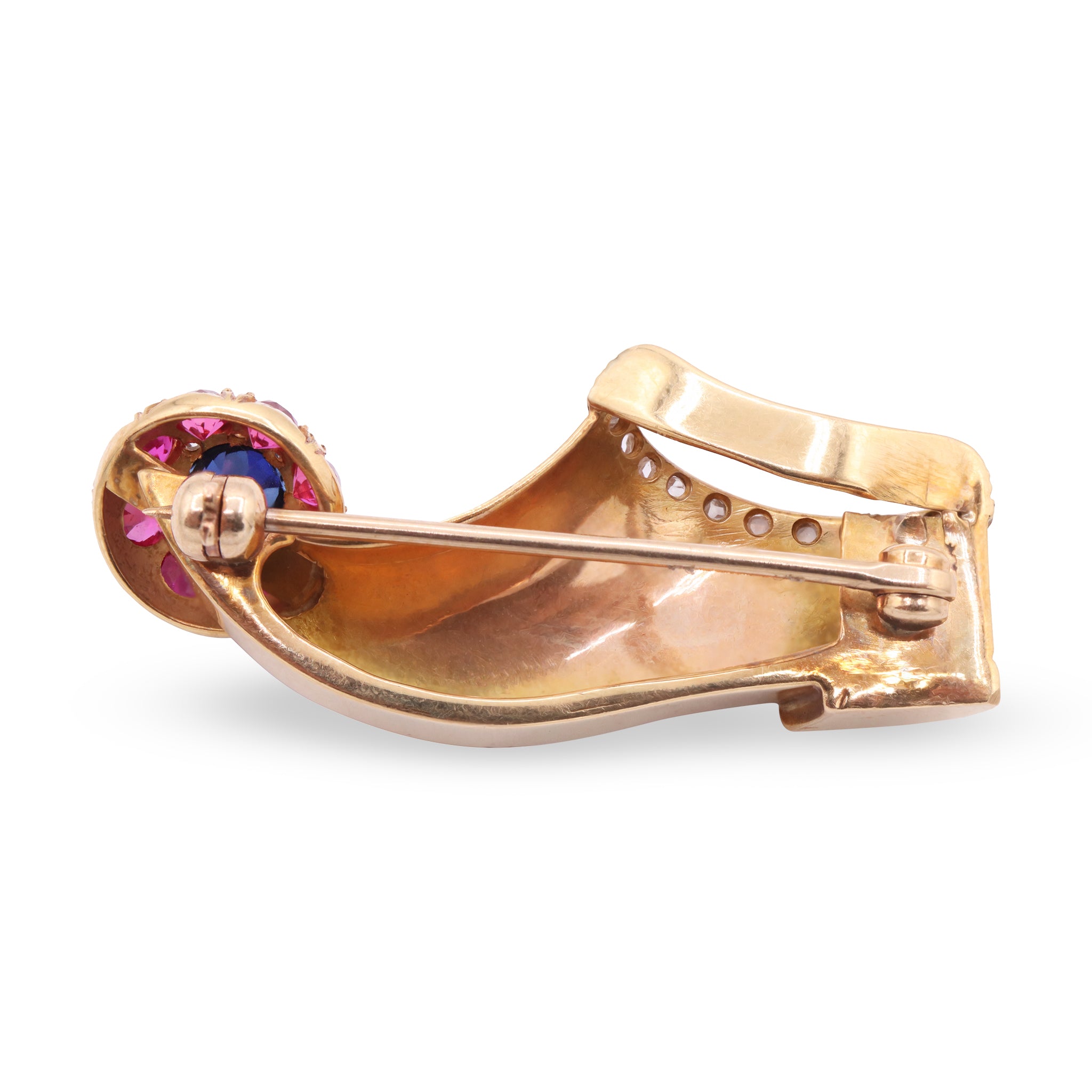Gold Shoe Brooch with Sapphire, Rubies, and Diamonds