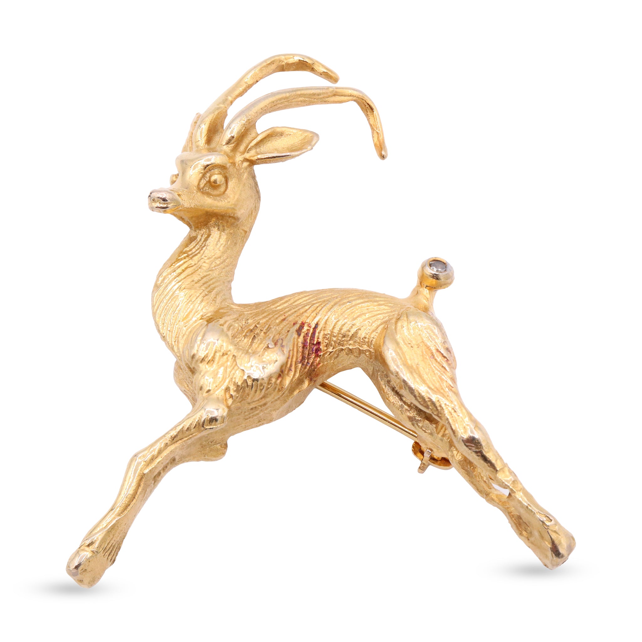 Leaping Gazelle Brooch in 18K Gold with Diamond Eyes