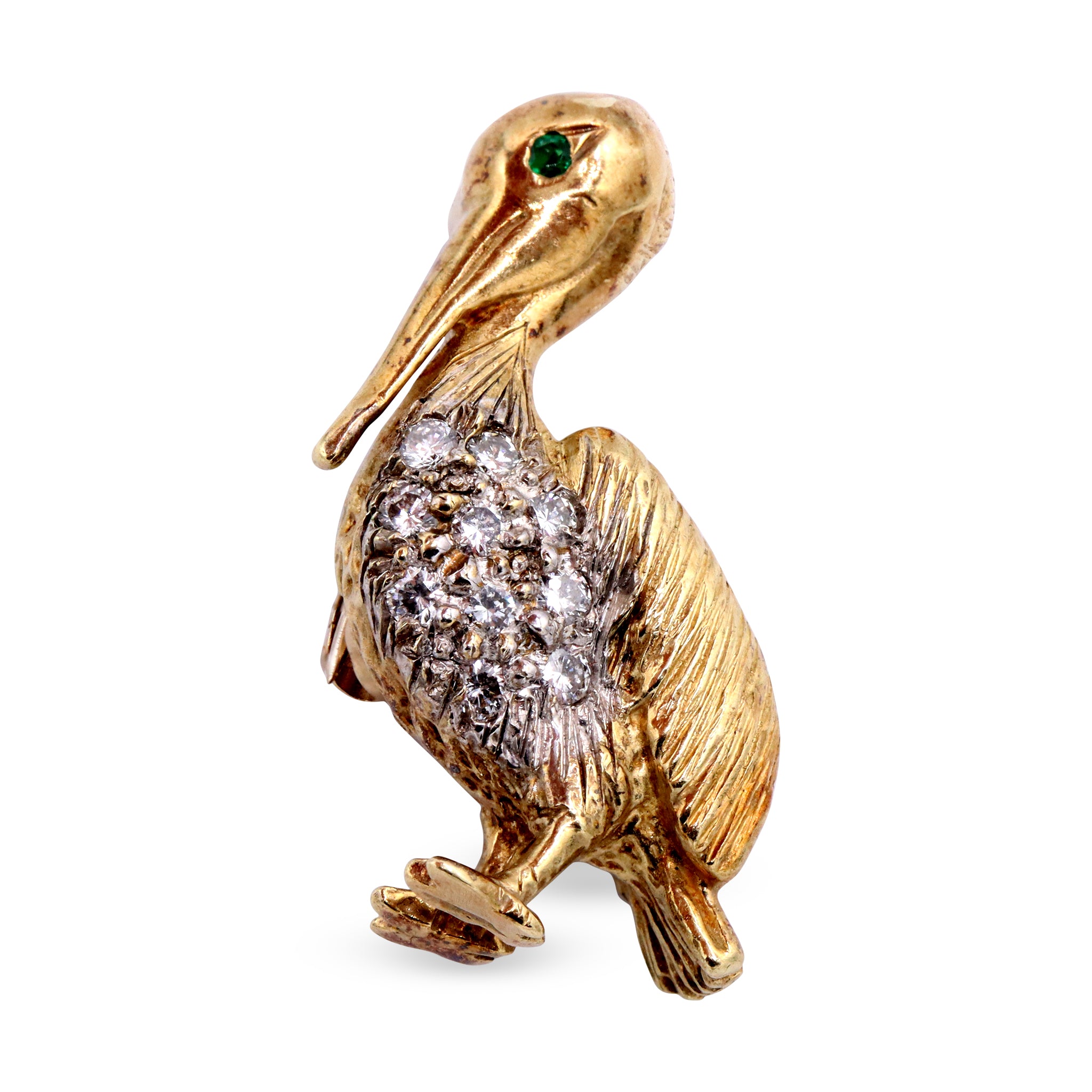 Gold Pelican Brooch with Diamond Body and Emerald Eye
