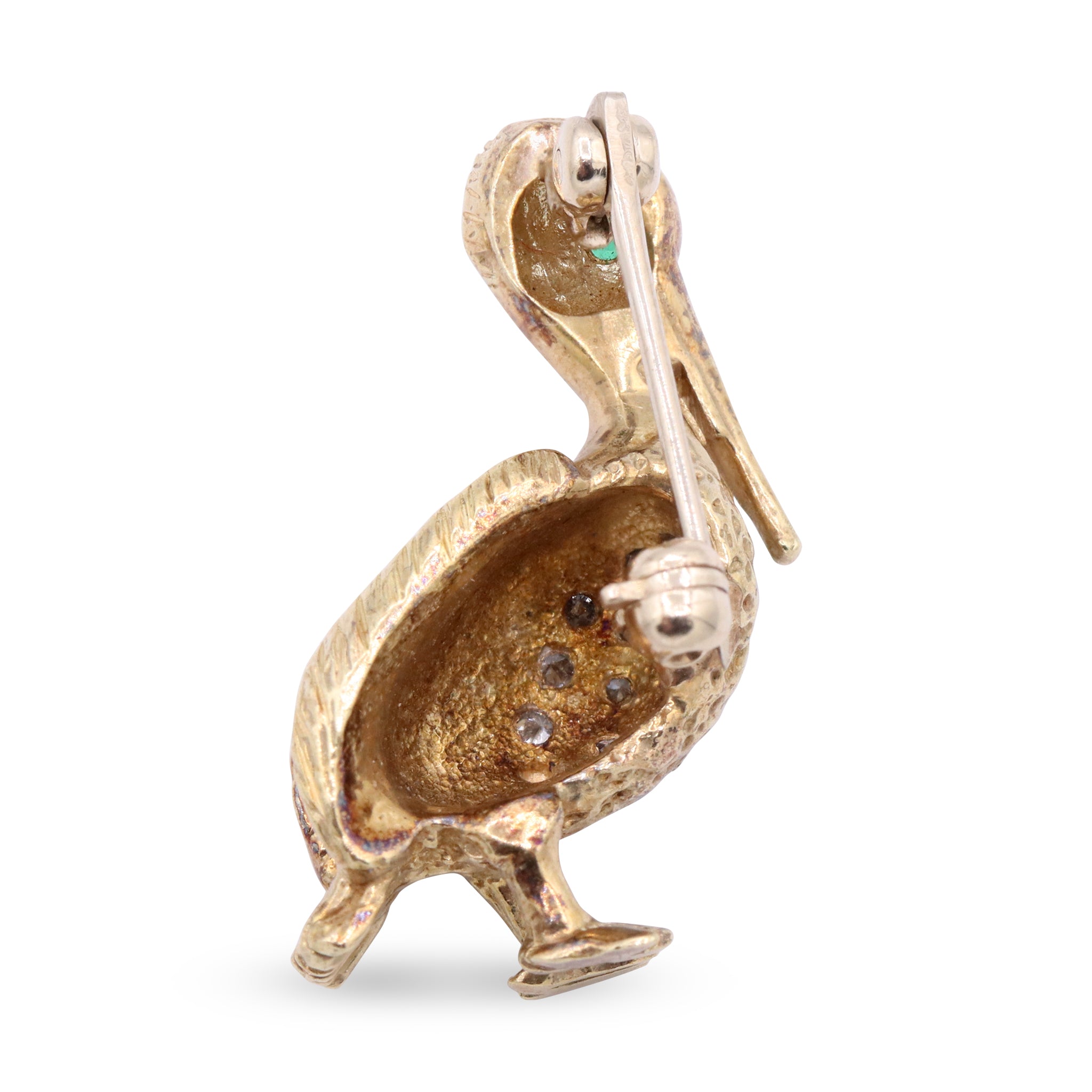 Gold Pelican Brooch with Diamond Body and Emerald Eye