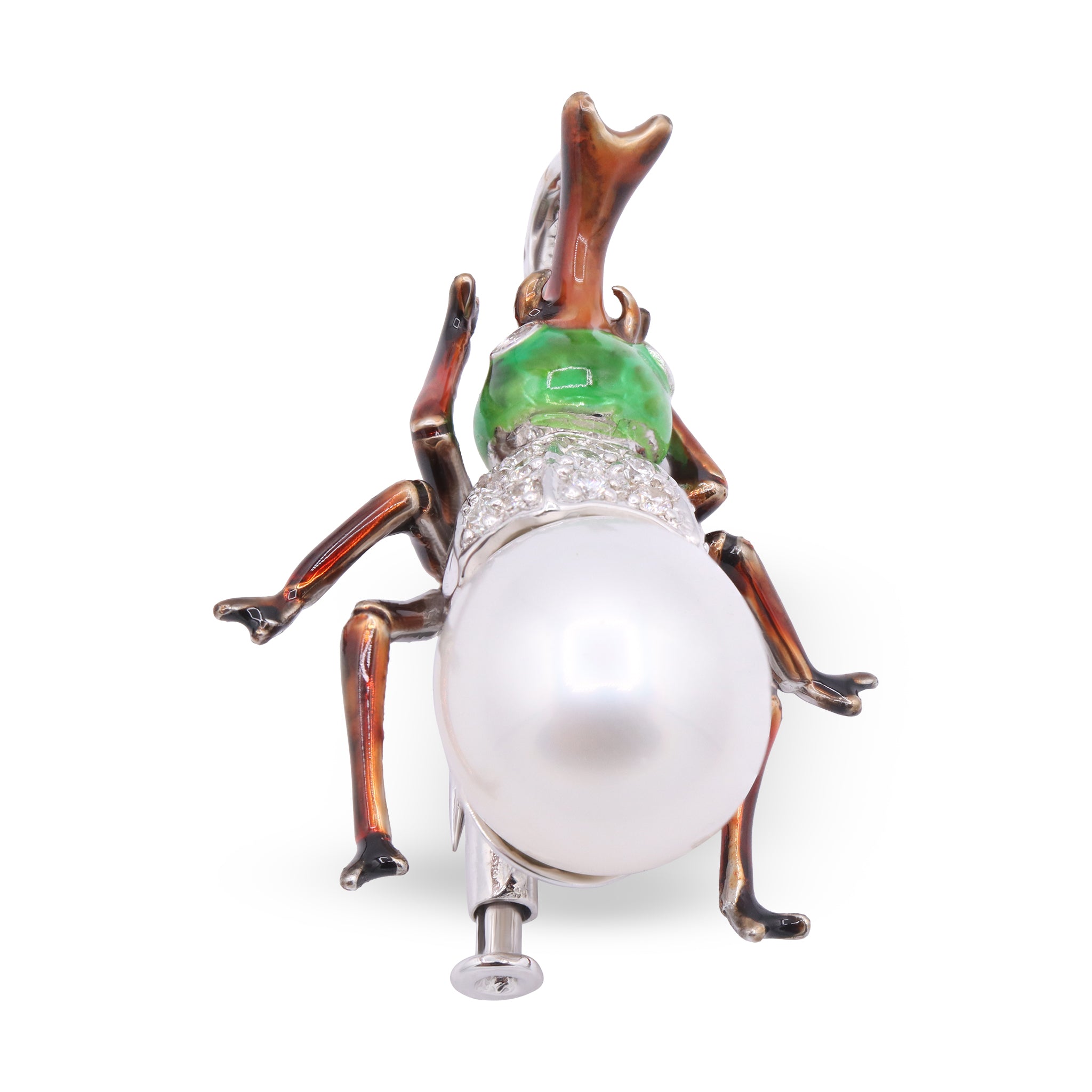 Enamel Beetle Brooch with Cultured Pearl and Diamond Detail
