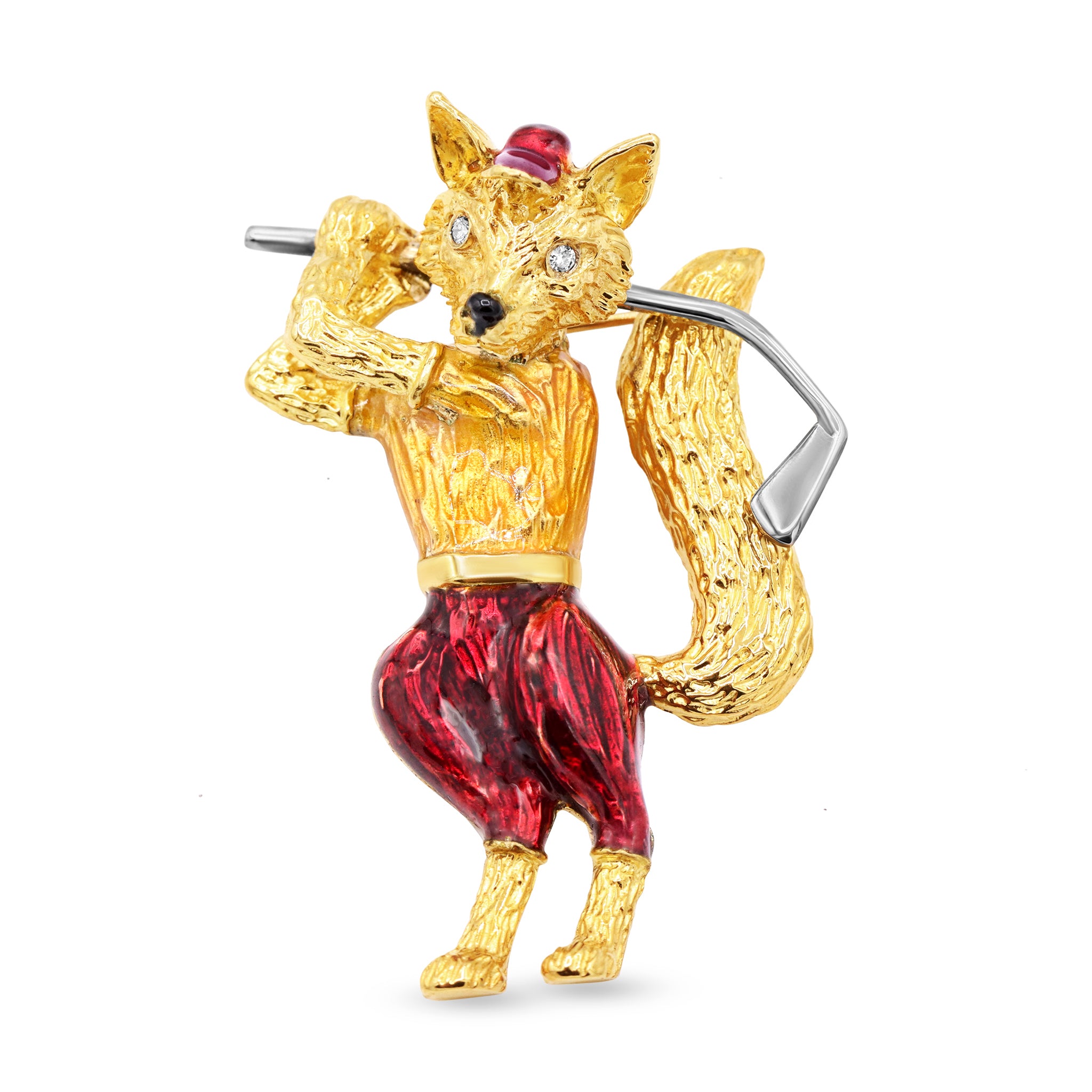 Gold Golfer Fox Brooch with Enamel and Diamond Accents