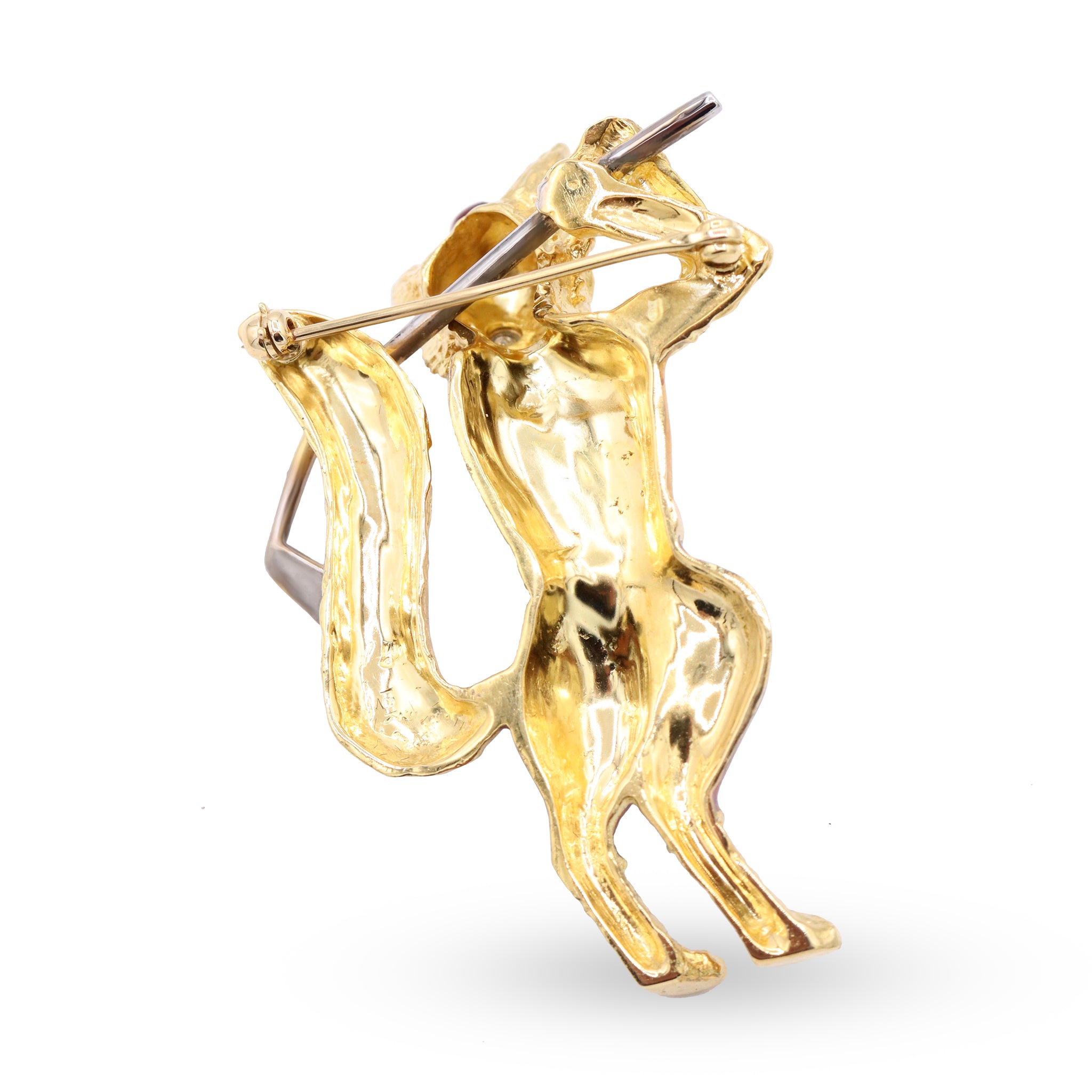 Gold Golfer Fox Brooch with Enamel and Diamond Accents