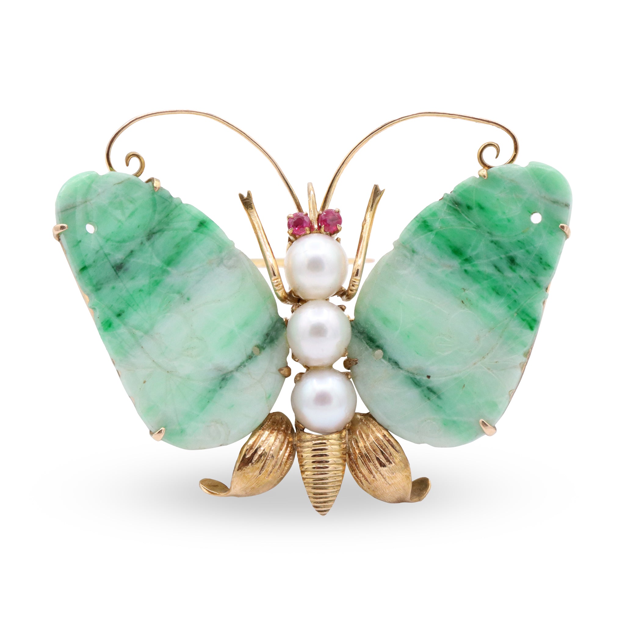 Butterfly Brooch with Jade Wings, Pearls, and Ruby Accents