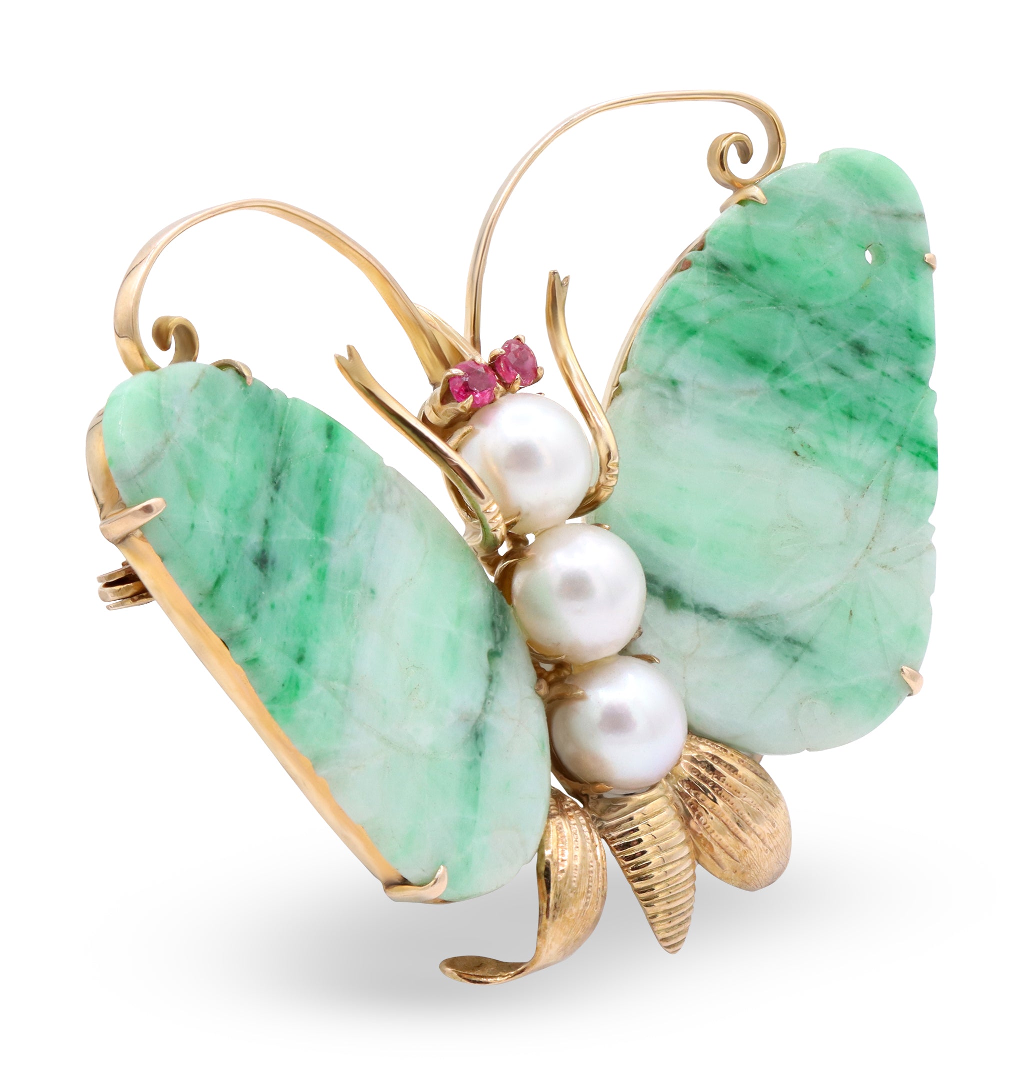Butterfly Brooch with Jade Wings, Pearls, and Ruby Accents