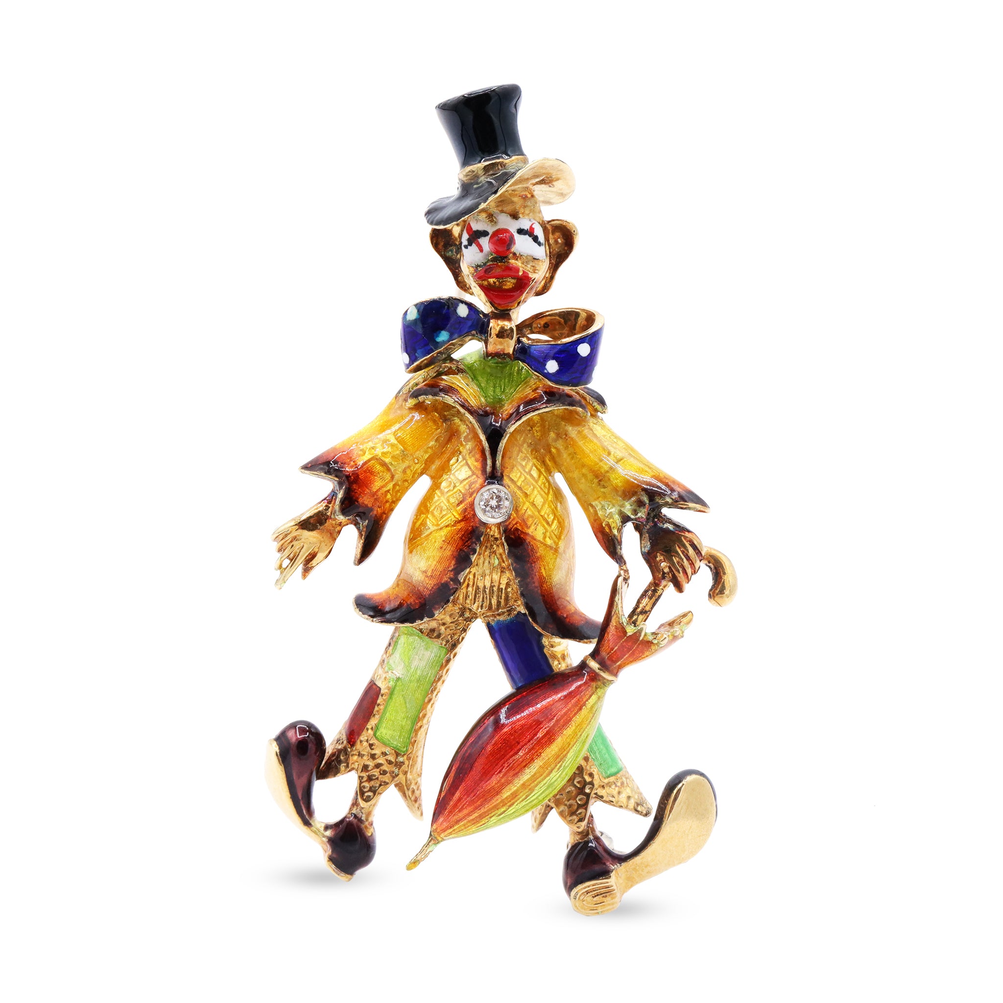 Enamel Clown Brooch with Umbrella and Diamond Accent