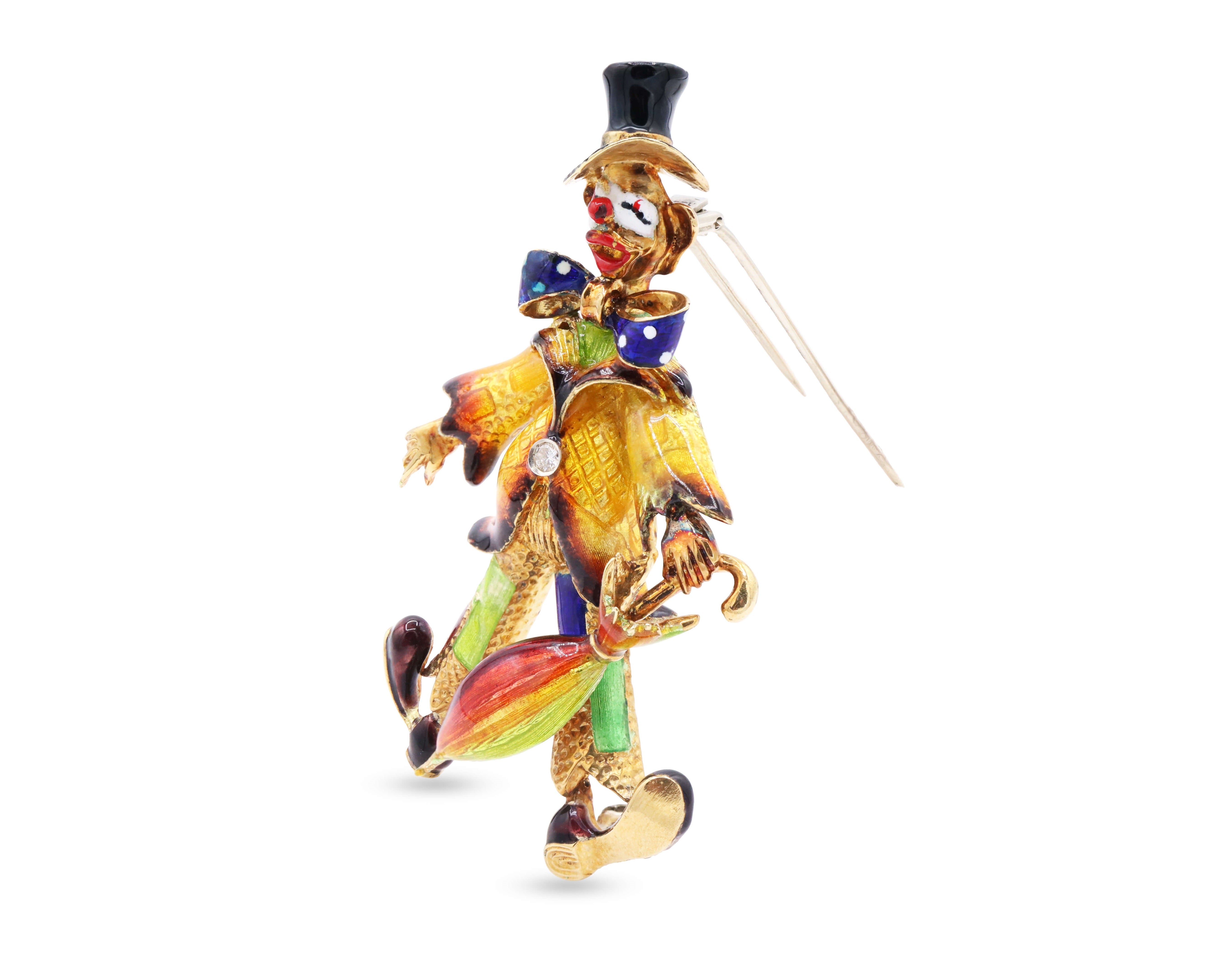 Enamel Clown Brooch with Umbrella and Diamond Accent