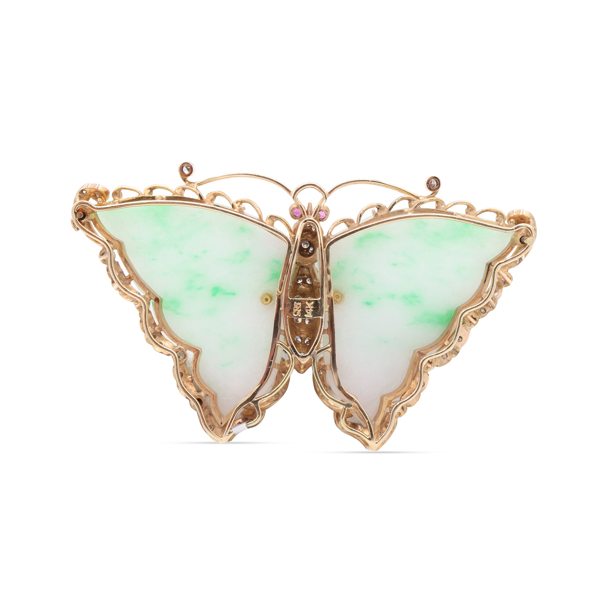 Artisan Jade and Diamond Butterfly Brooch with Ruby Eyes