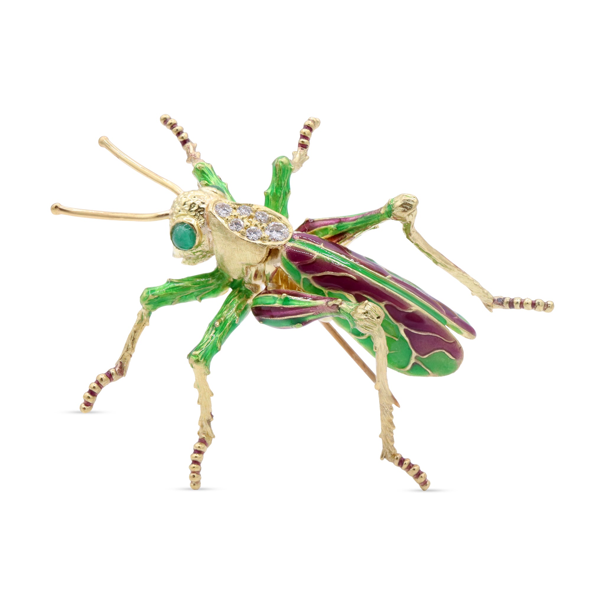 Enamel Grasshopper Brooch in 18K Gold with Emerald and Diamond Accents