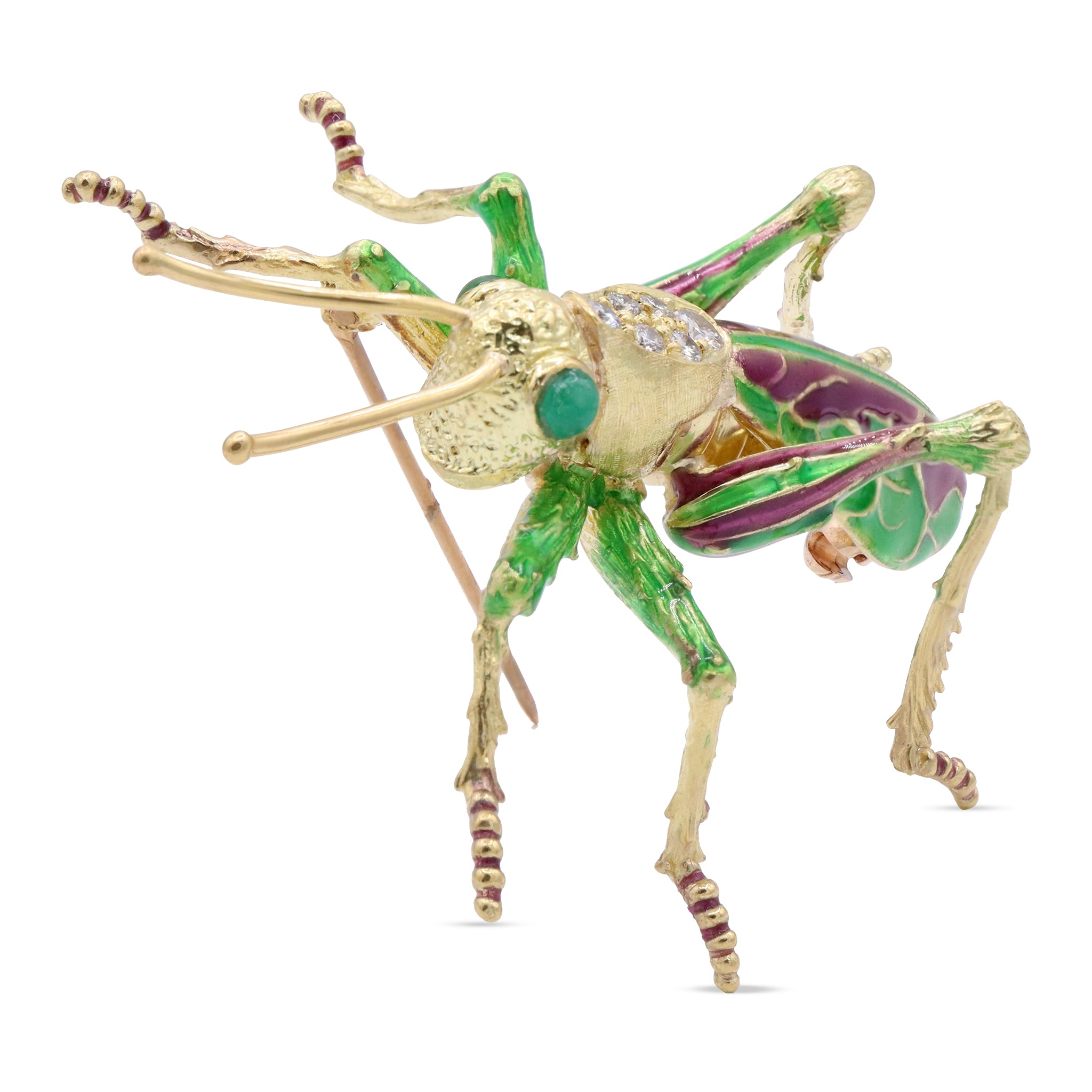 Enamel Grasshopper Brooch in 18K Gold with Emerald and Diamond Accents