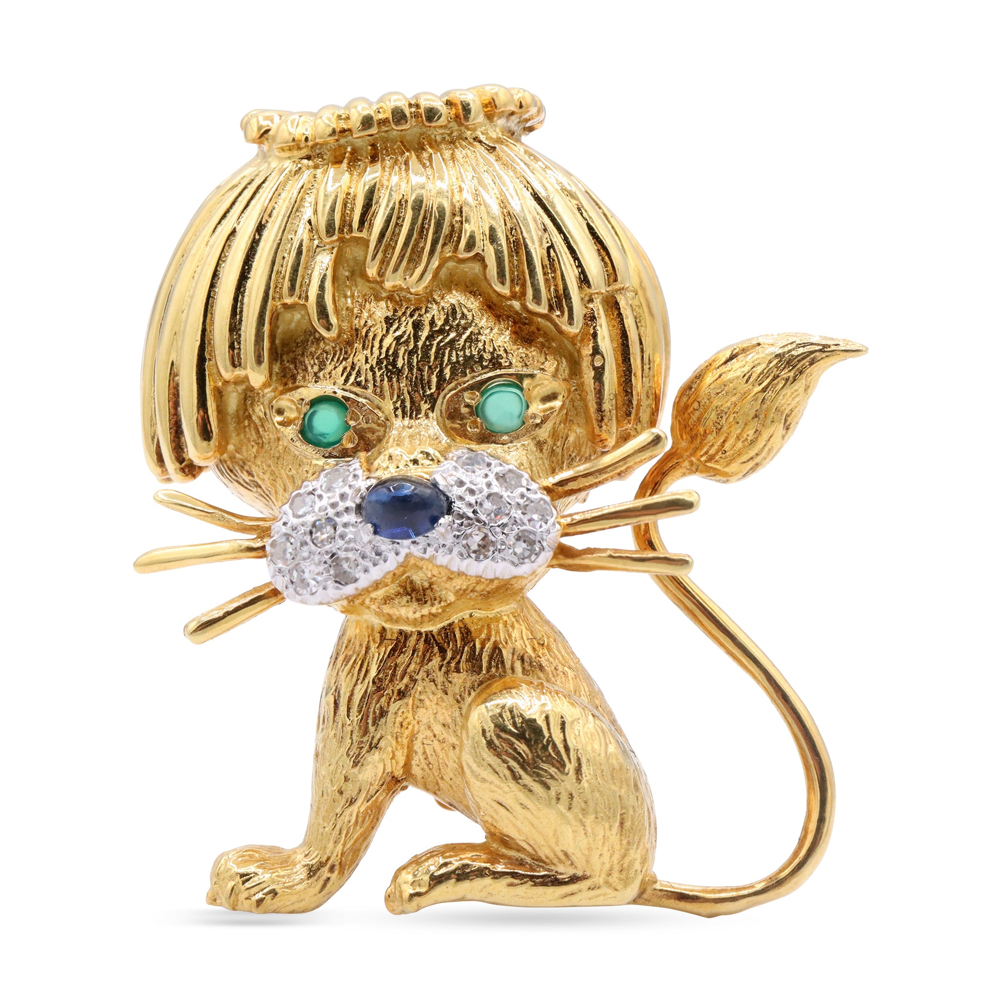 Gold Lion Cub Brooch with Emerald Eyes, Sapphire Nose & Diamond Accents