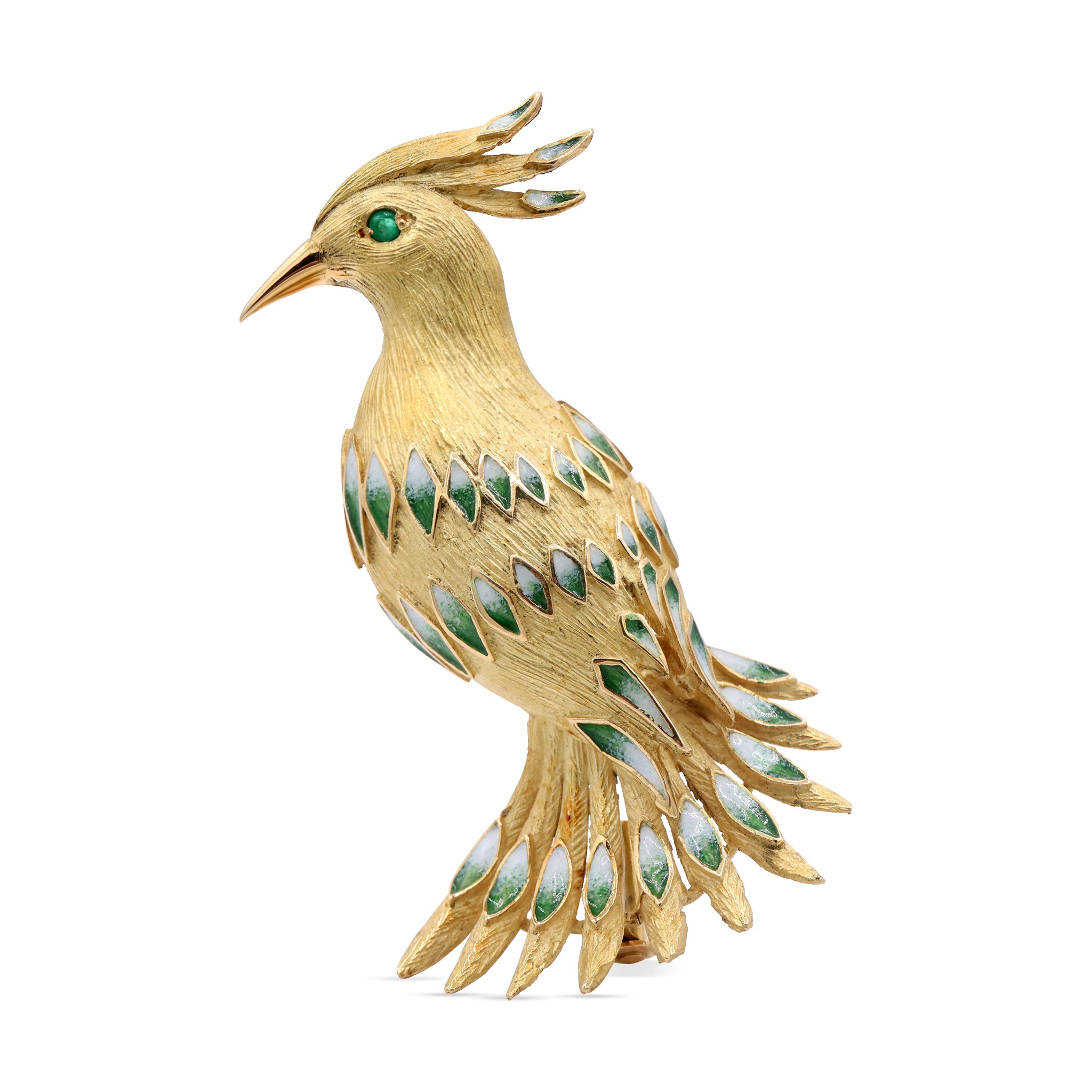 Gold Bird Brooch with Green Enamel Feathers and Emerald Eye