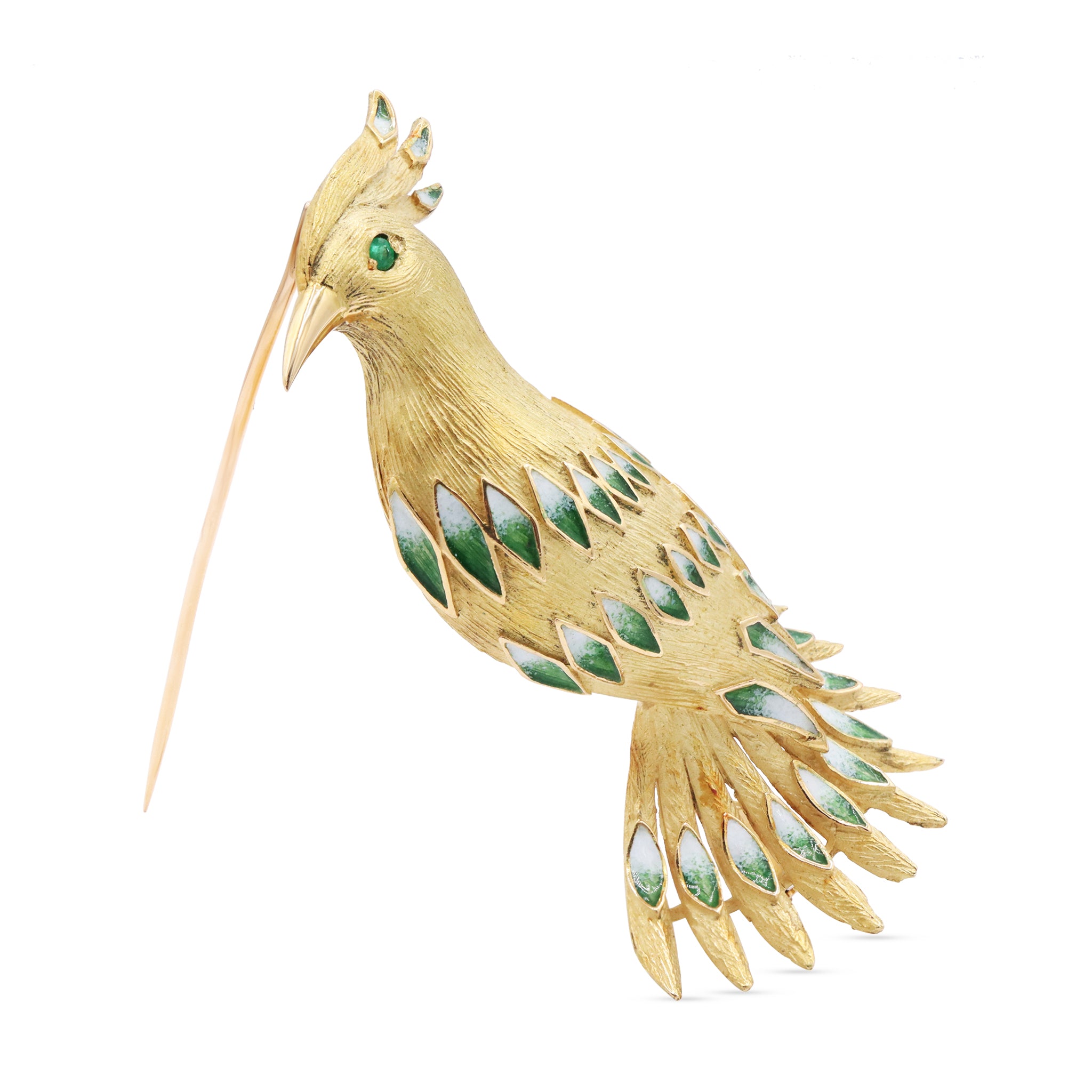 Gold Bird Brooch with Green Enamel Feathers and Emerald Eye
